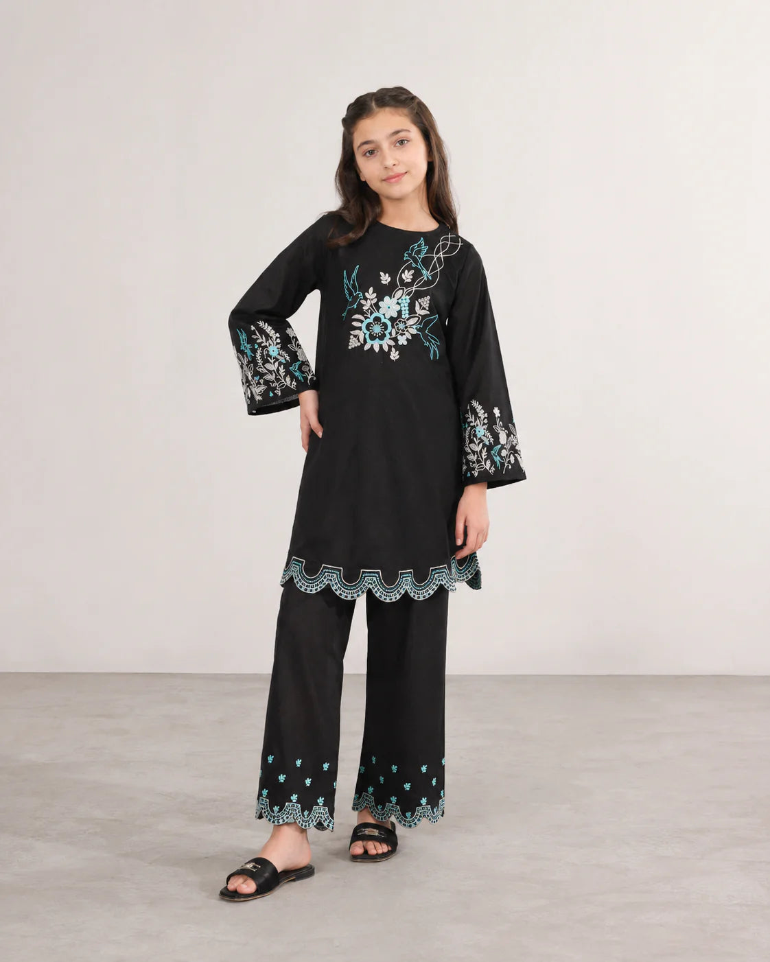 Girls Black Embroidered Kurti Trouser Set – Floral & Bird Design Wide Leg Co-Ord Outfit
