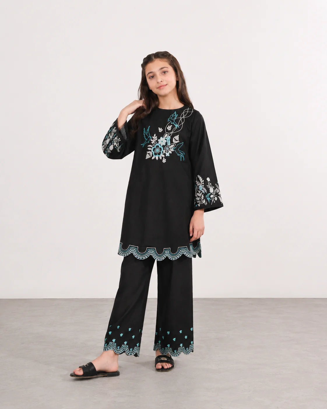 Girls Black Embroidered Kurti Trouser Set – Floral & Bird Design Wide Leg Co-Ord Outfit