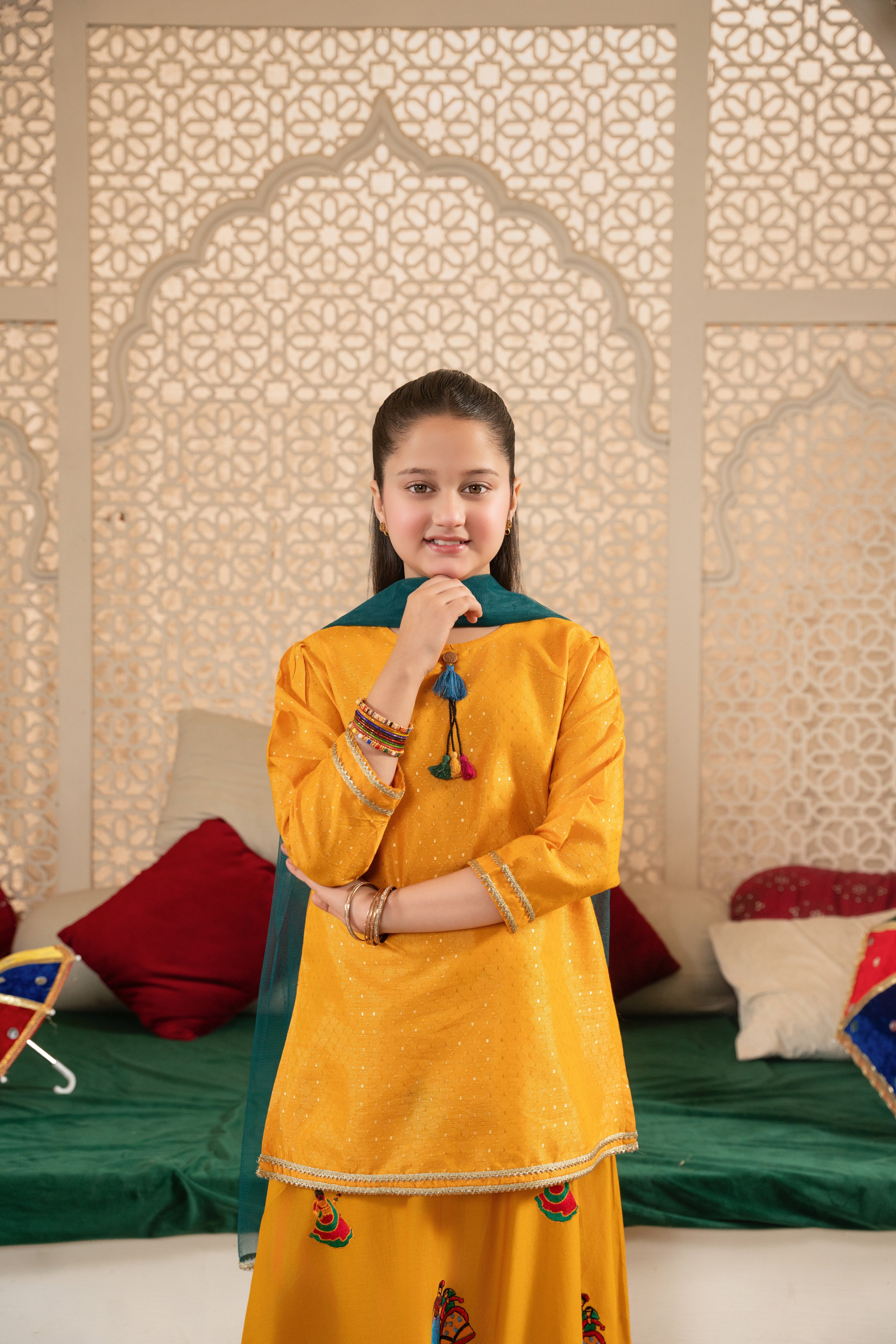 Mustard Melody: Girls' 100% Elegant Cotton Dobby Kurta & Embroidered Lehenga Set