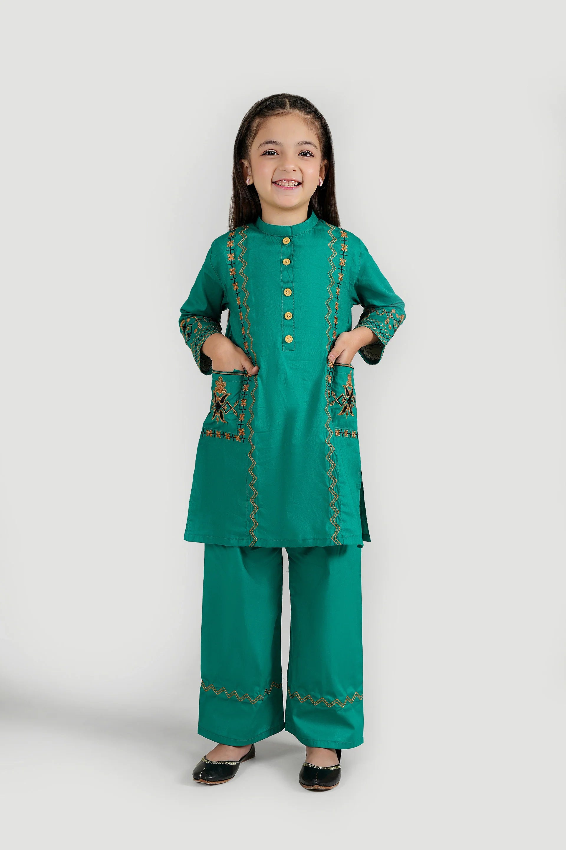 Crimson Bloom: Girls' 100% Cotton 2-Piece Festive Eastern Suit