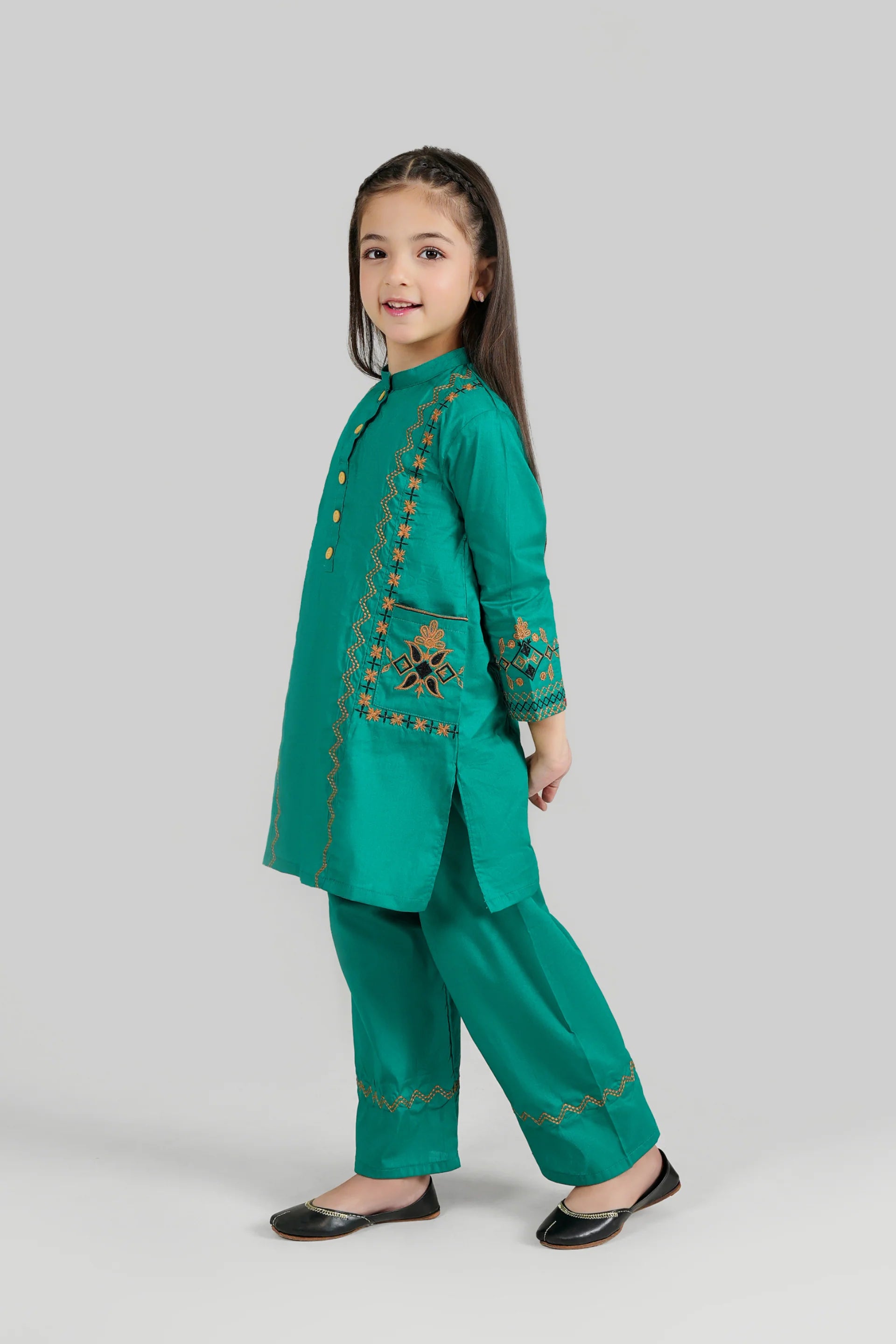 Crimson Bloom: Girls' 100% Cotton 2-Piece Festive Eastern Suit