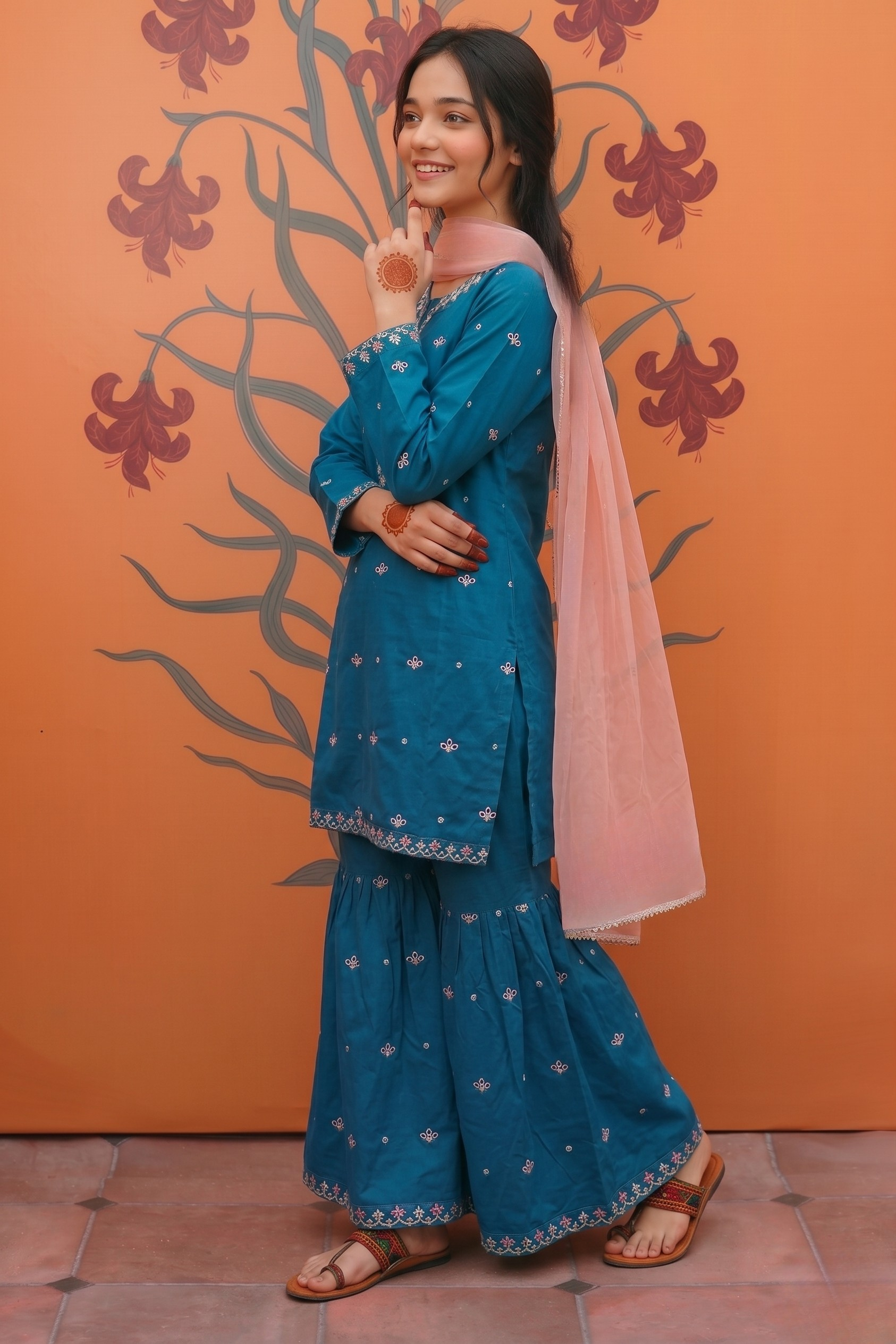 Girls Blue 3PC Suit with Sequence Boring Embroidery – Cotton Dress with Contrast Pink Net Dupatta