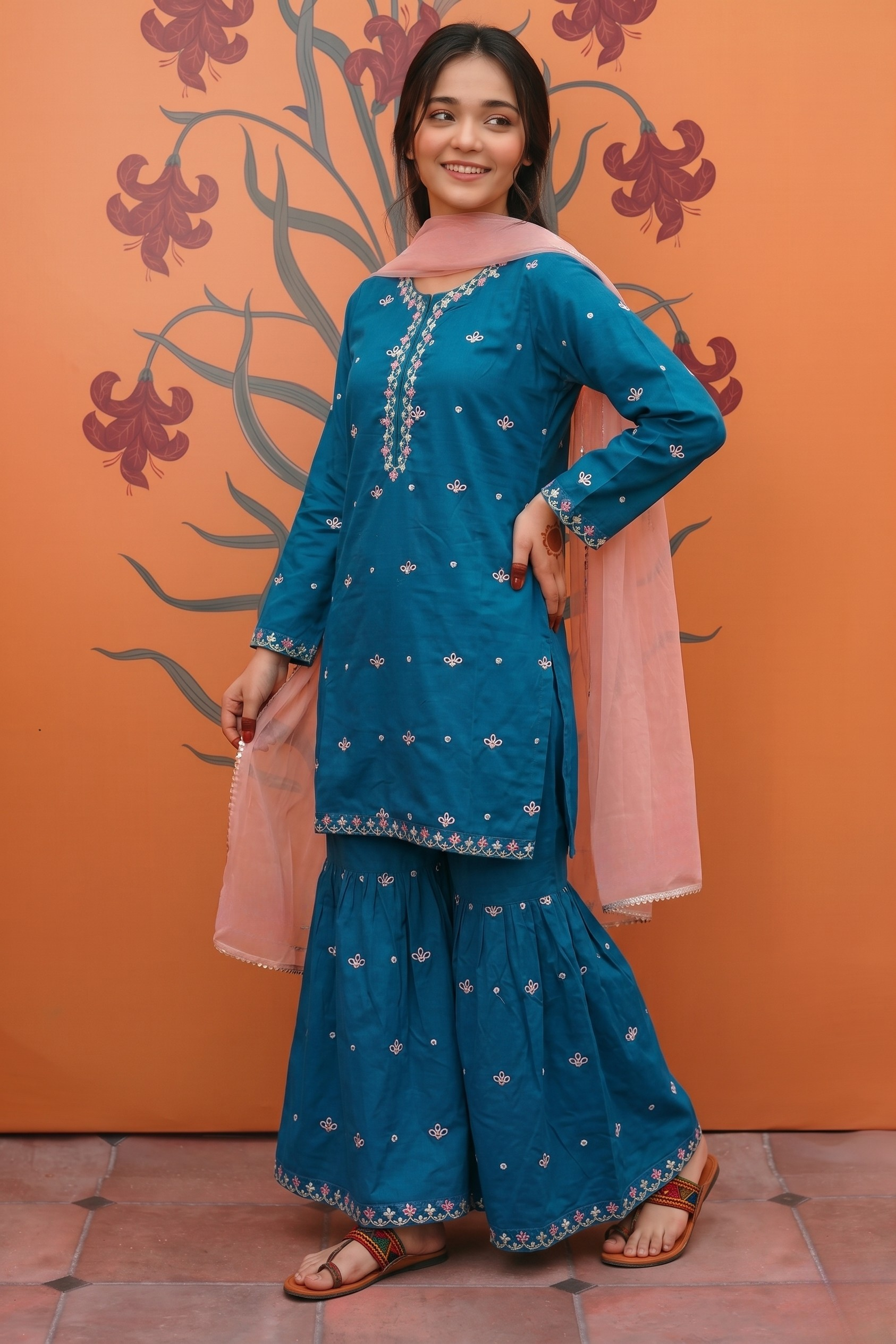 Girls Blue 3PC Suit with Sequence Boring Embroidery – Cotton Dress with Contrast Pink Net Dupatta