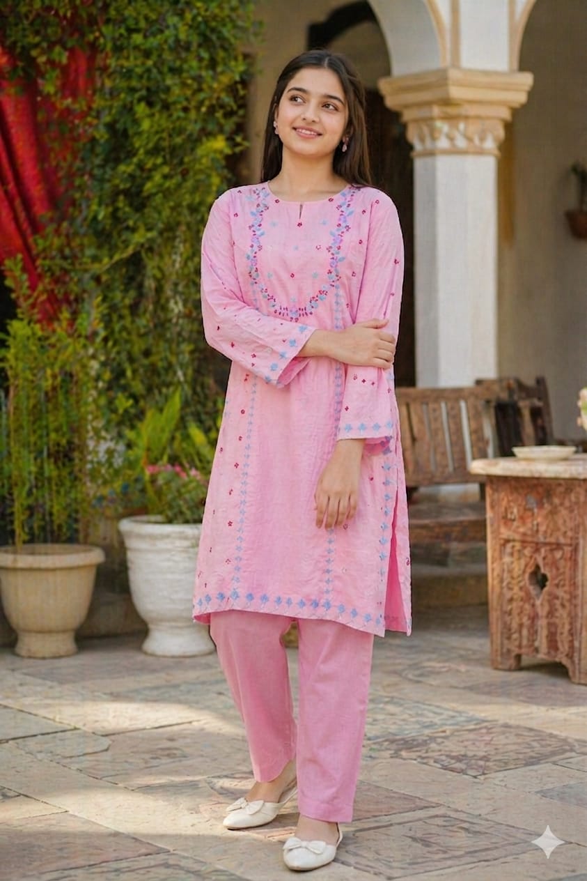 Girls Pink Embroidered Kurta Trouser Set – 2 Piece Kids Eastern Wear