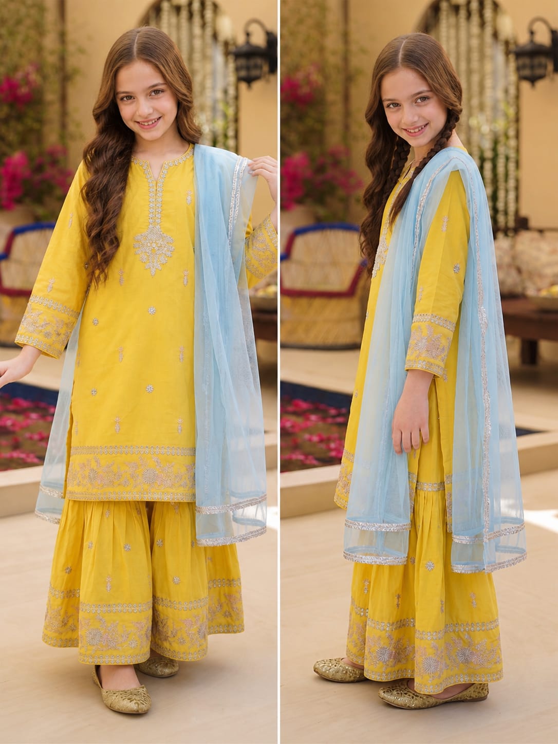 Girls Yellow Embroidered 3-Piece Suit – 100% Cotton Kurta Gharara Embroidered Dupatta Set