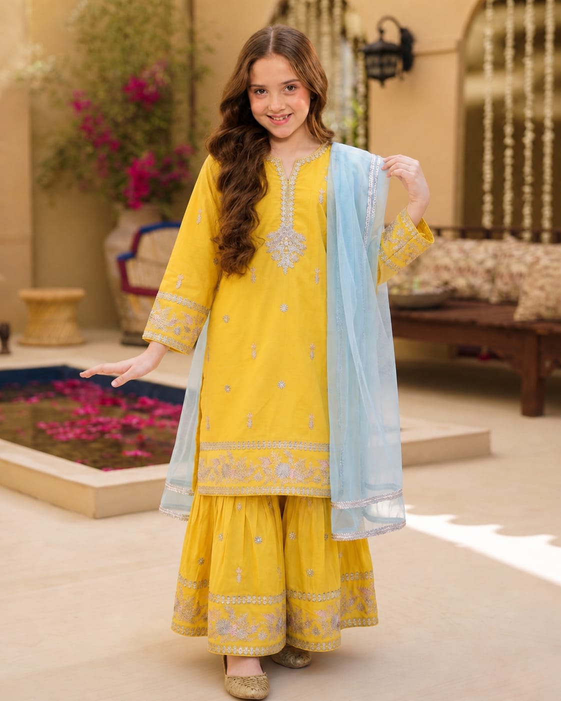 Girls Yellow Embroidered 3-Piece Suit – 100% Cotton Kurta Gharara Embroidered Dupatta Set