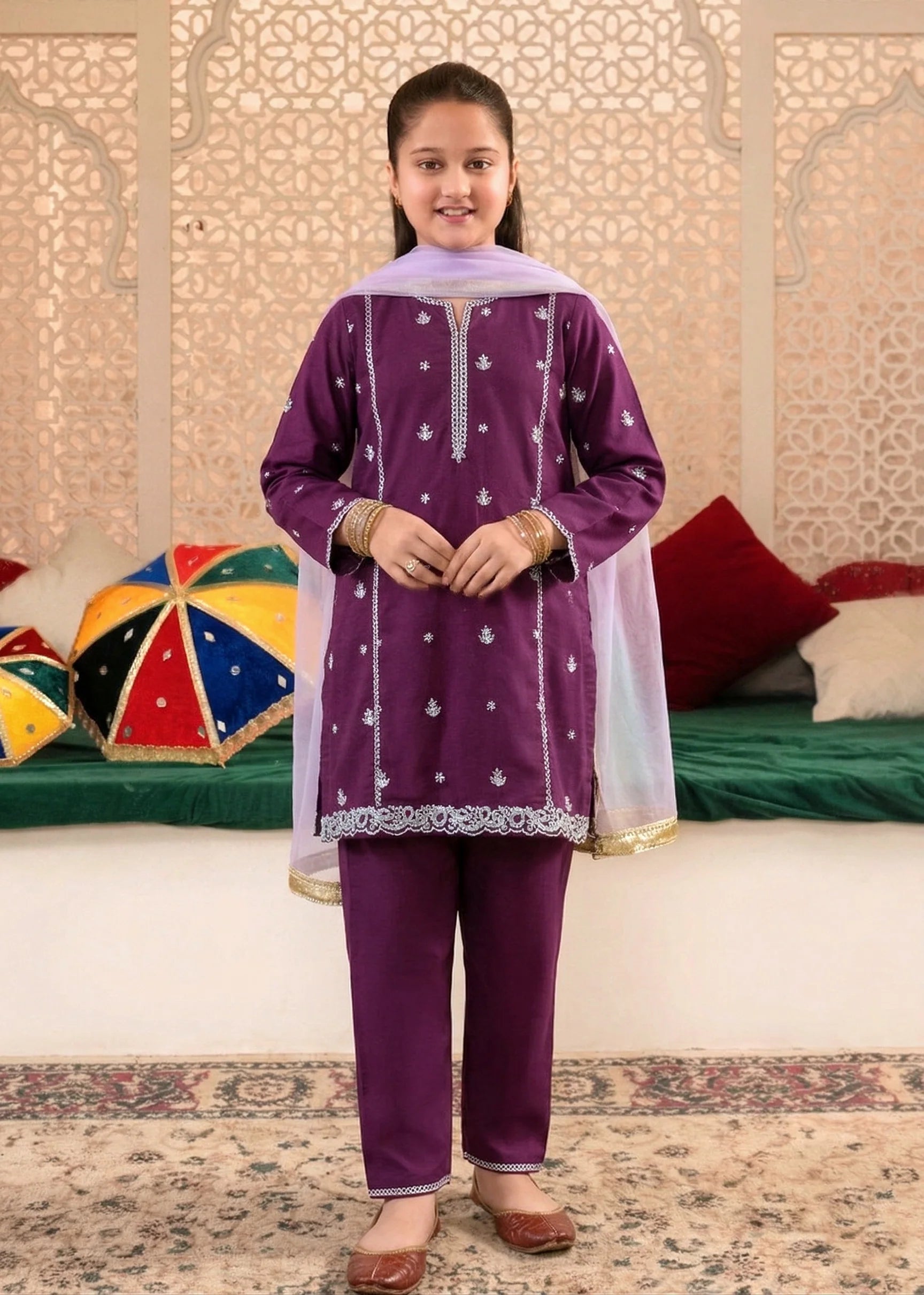 Elegant Girls Cotton Plum Embroidered Suit with Net Dupatta – Daily Wear Ethnic Outfit