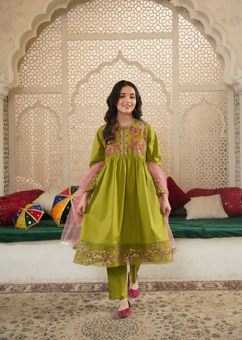 Girls' "Bloom & Bright" Multi-Thread Embroidered 3-Piece Festive Set