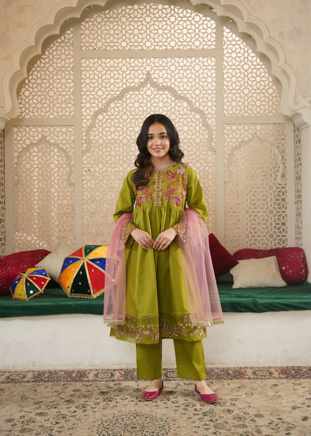 Girls' "Bloom & Bright" Multi-Thread Embroidered 3-Piece Festive Set