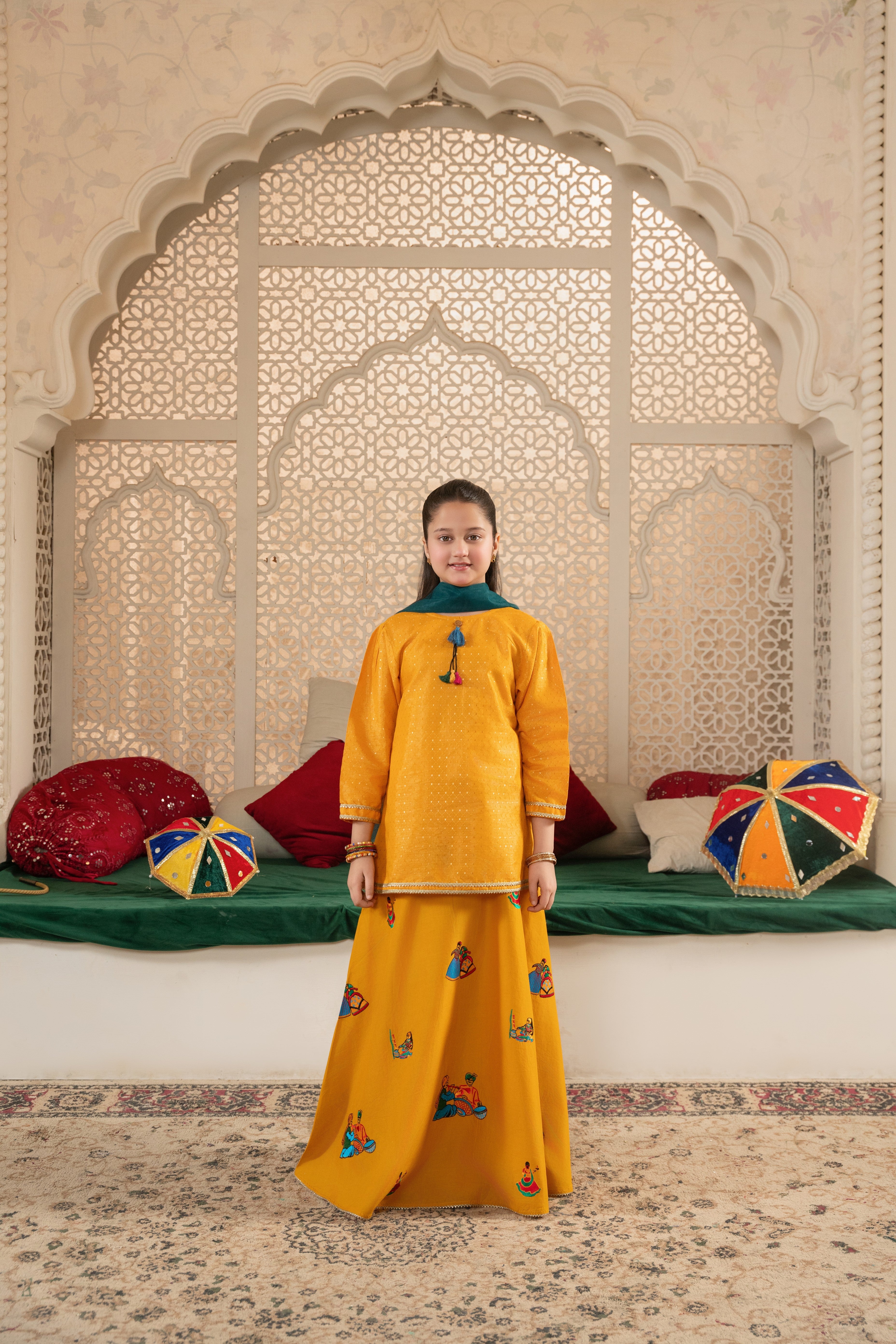 Mustard Melody: Girls' 100% Elegant Cotton Dobby Kurta & Embroidered Lehenga Set