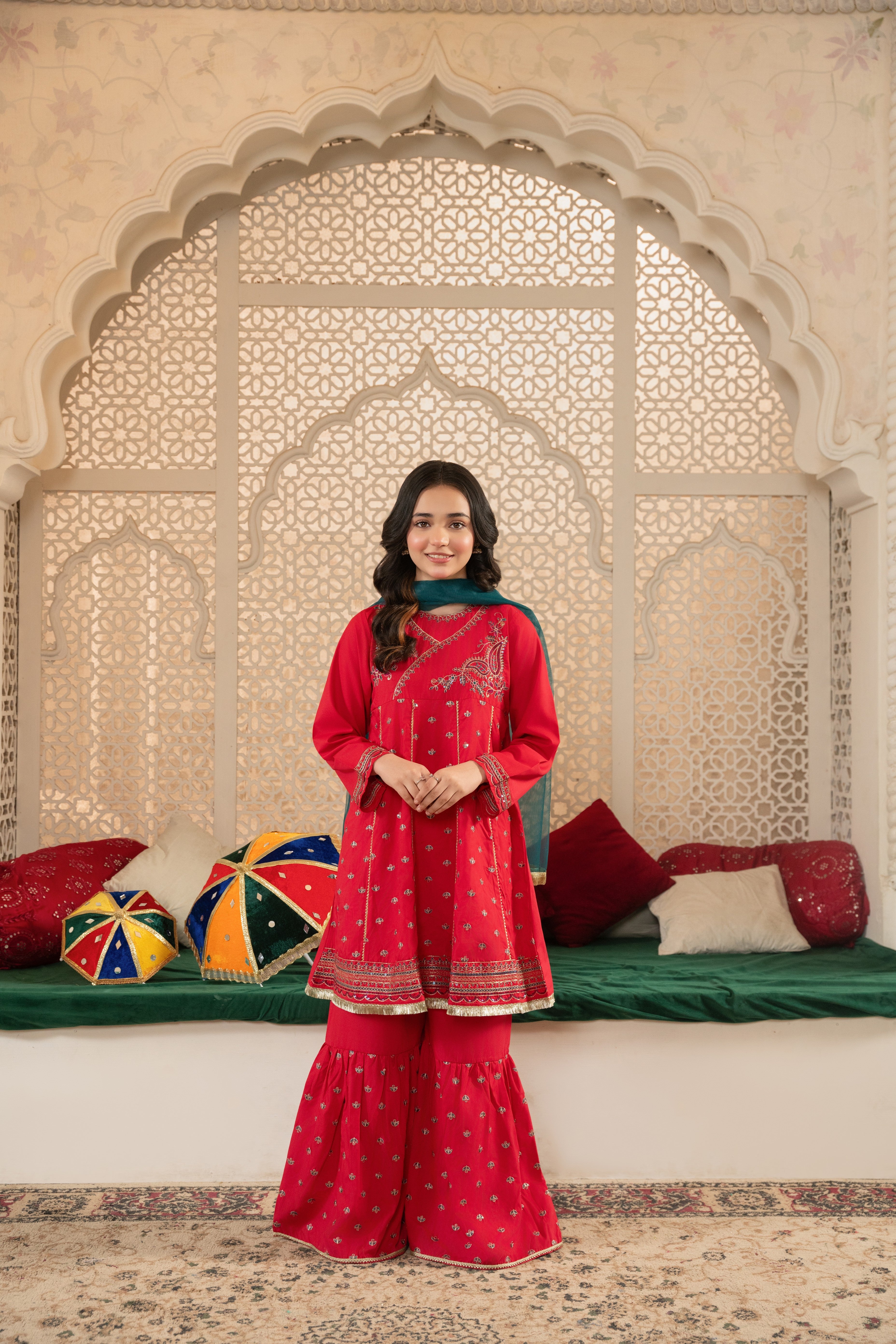 Girls Pink Cotton Embroidered Ethnic Suit with Net Dupatta – Festive & Party Wear