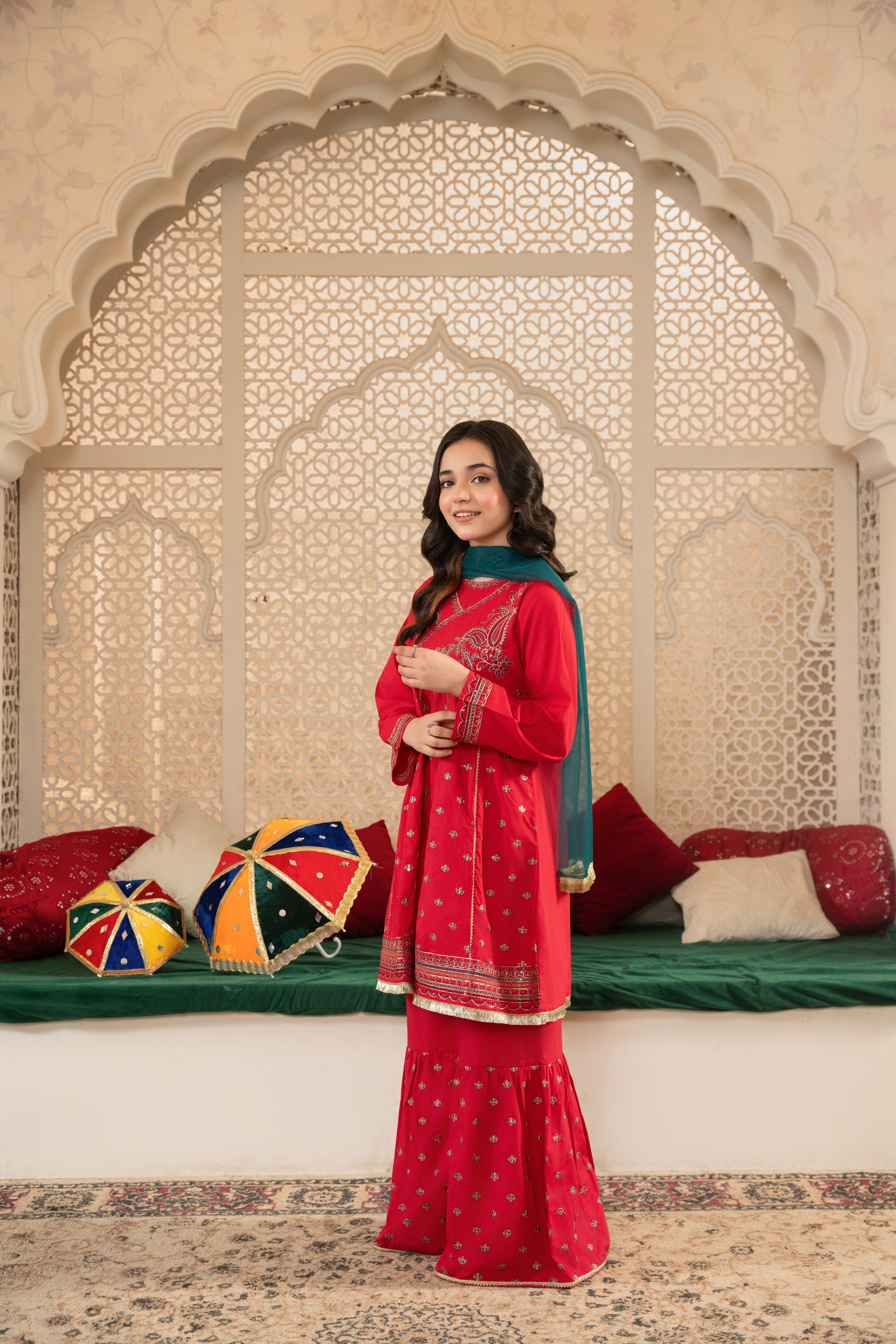 Girls Pink Cotton Embroidered Ethnic Suit with Net Dupatta – Festive & Party Wear