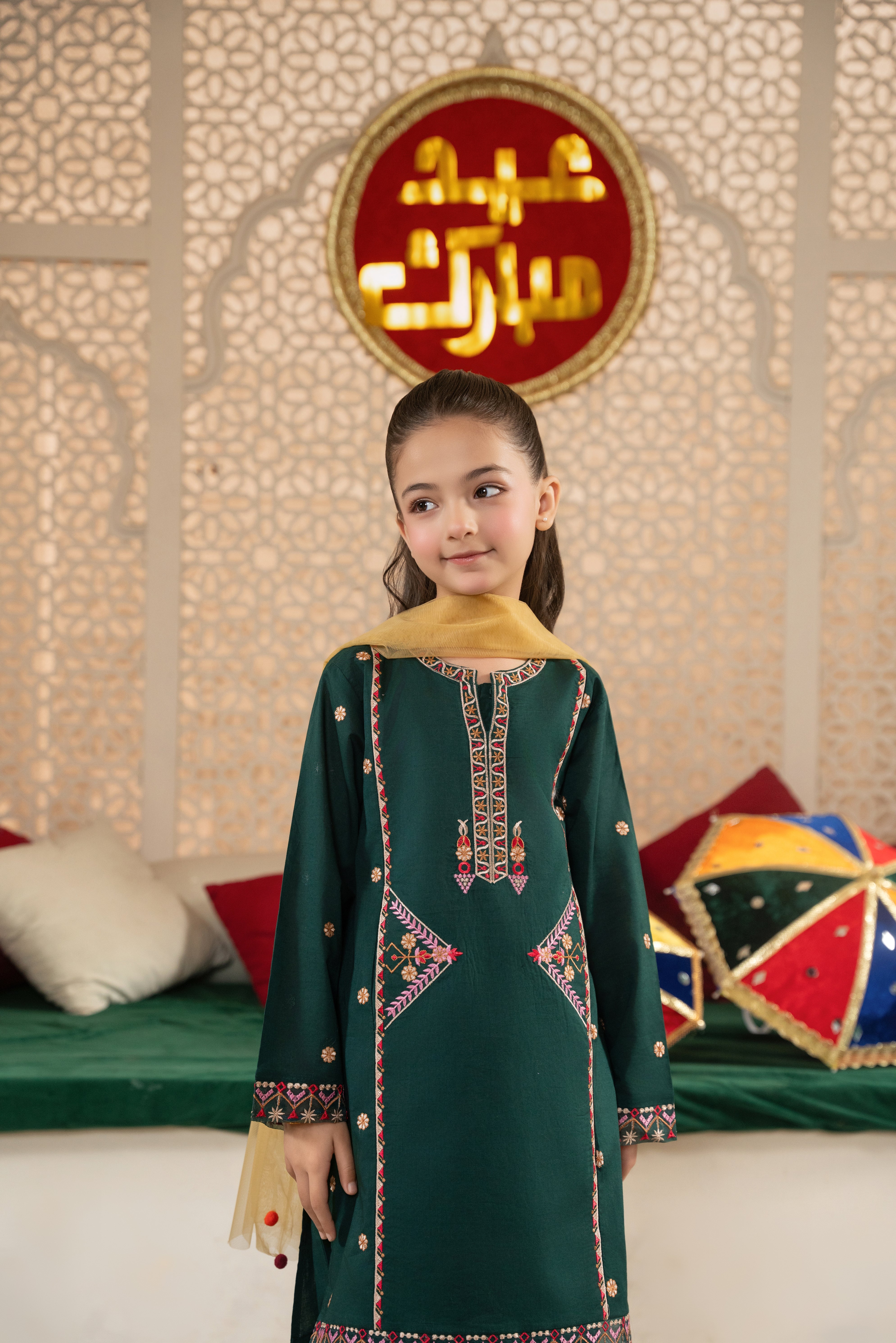 Girls' "Bottle Green" Multi-Thread Embroidered 100% Cotton 3-Piece Set