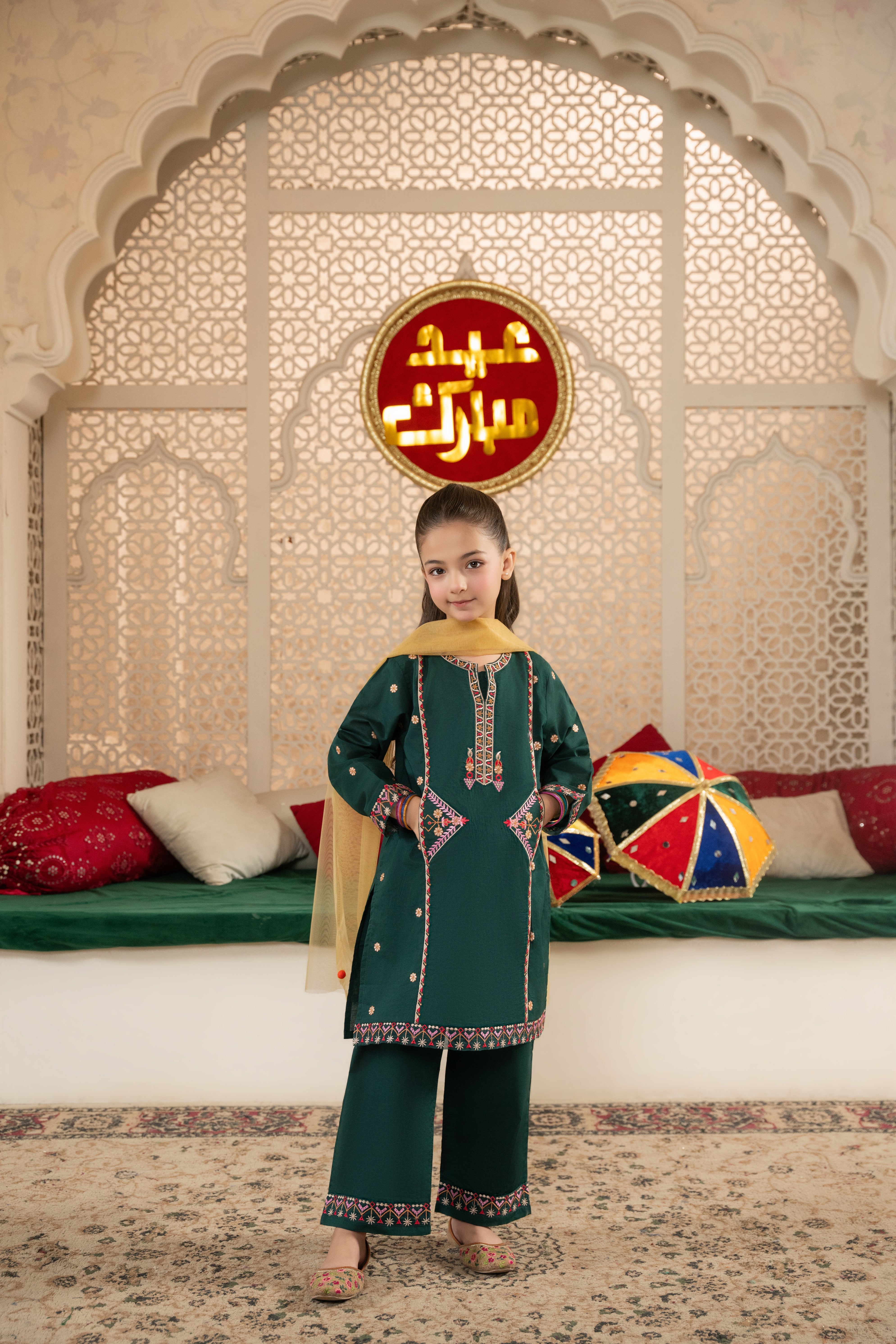 Girls' "Bottle Green" Multi-Thread Embroidered 100% Cotton 3-Piece Set