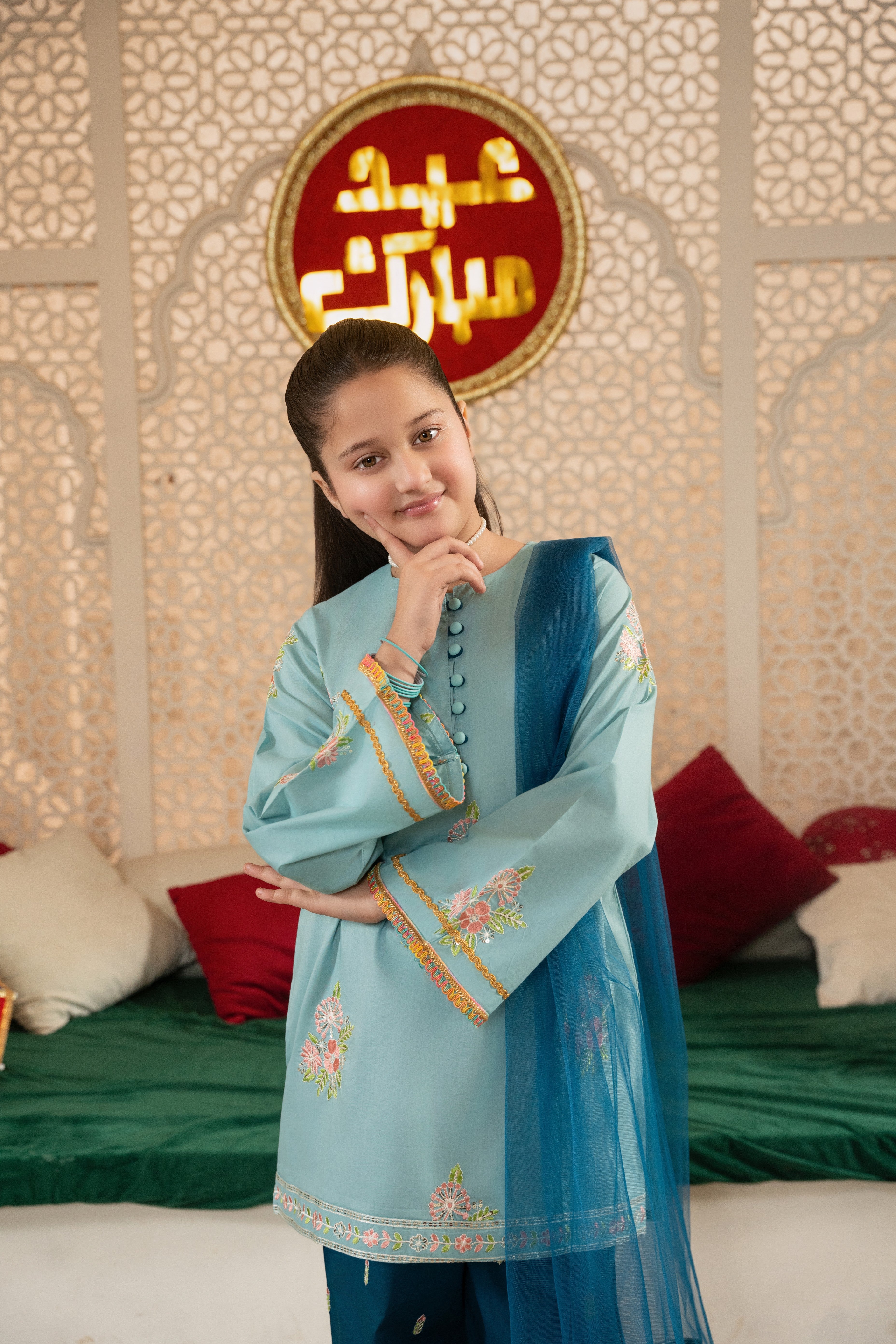 Girls 3-Piece Eastern Wear Suit – 100% Cotton Embroidered Festive Outfit