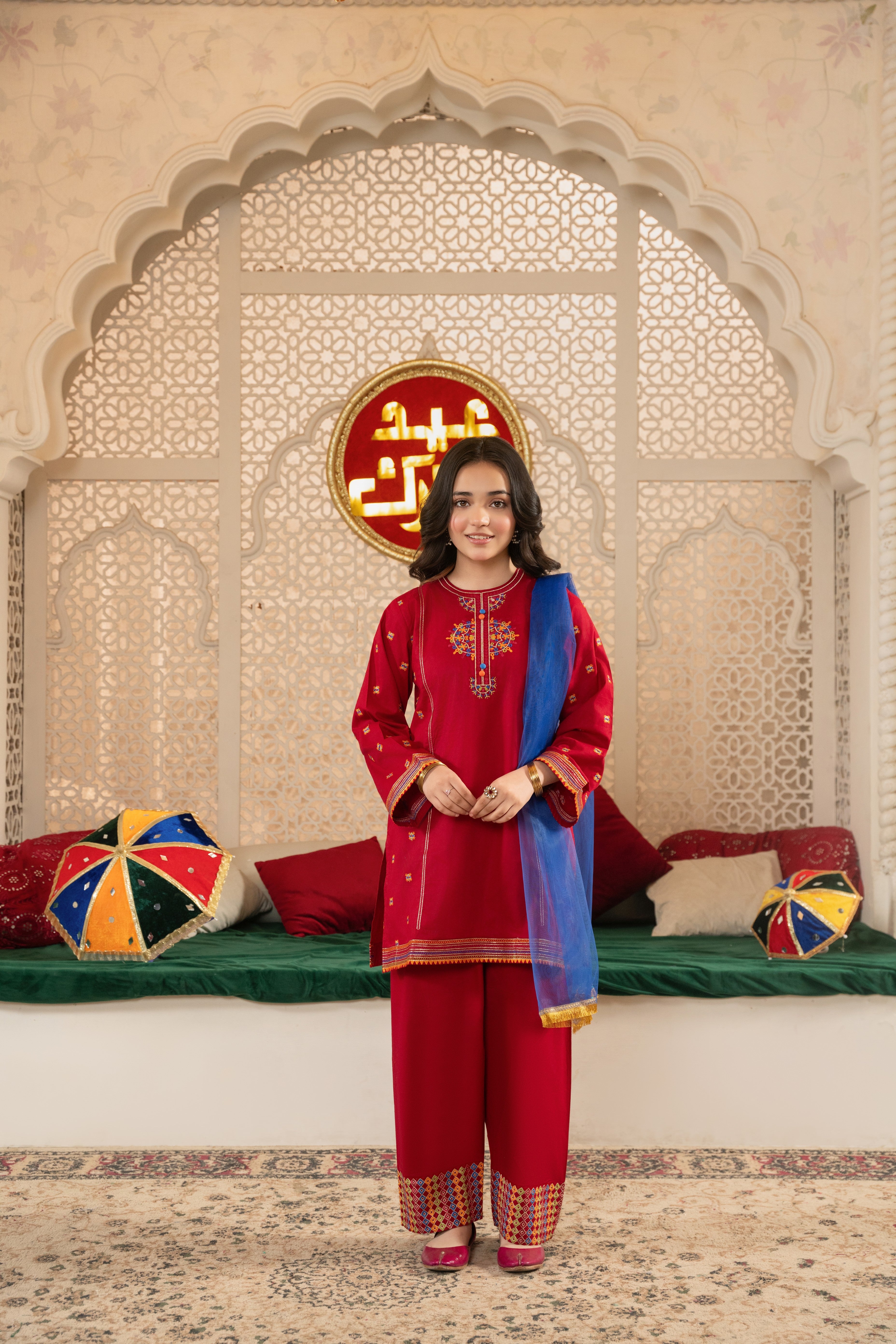 Girls Premium 3-Piece Embroidered Cotton Suit with Net Dupatta – Festive & Casual Wear