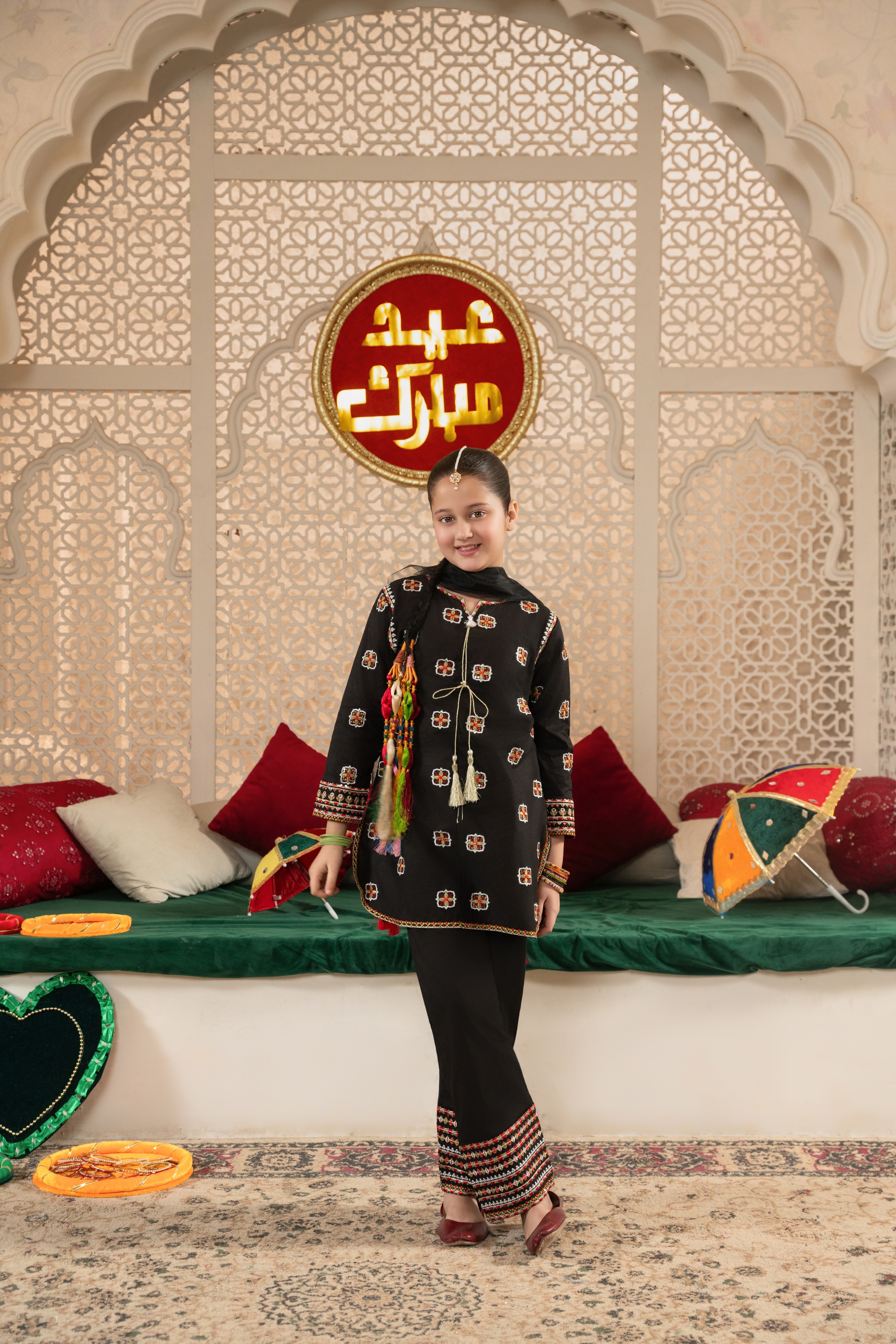 Girls Black Cotton Sequin Embroidered Ethnic Suit with Net Dupatta – Festive & Party Wear