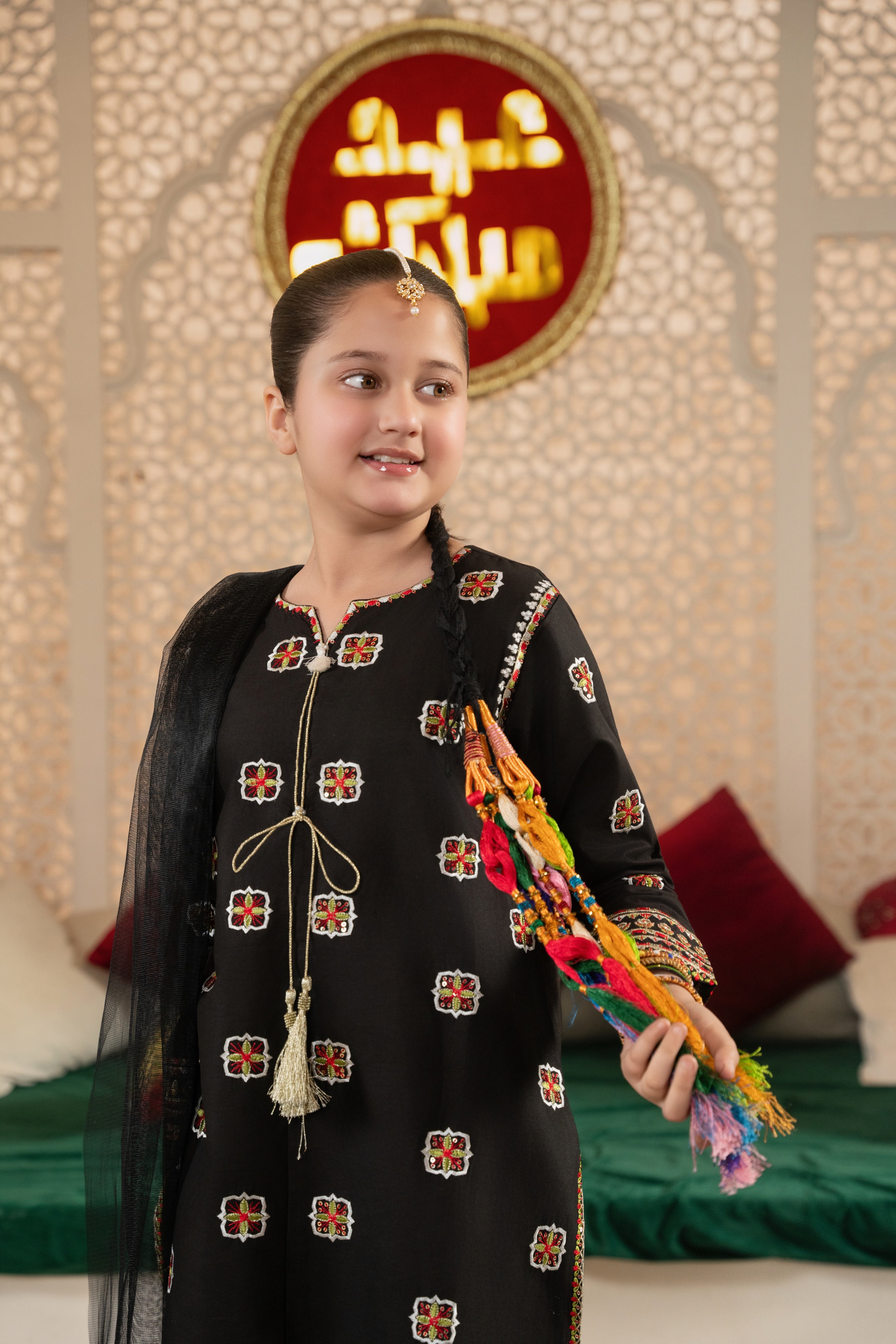 Girls Black Cotton Sequin Embroidered Ethnic Suit with Net Dupatta – Festive & Party Wear