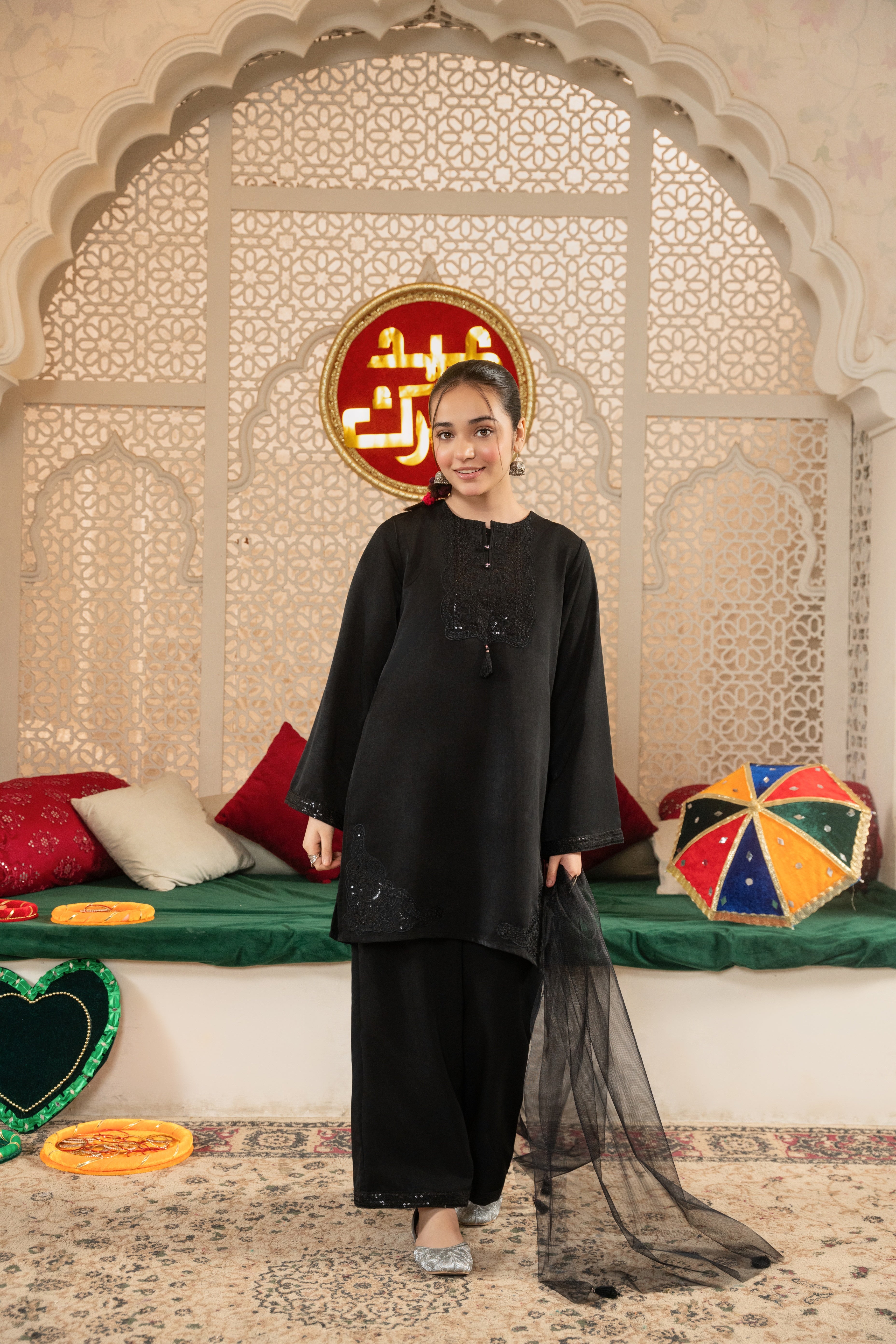 Girls' "Elegance in Bloom" Embroidered 100% Crepe Cotton 3-Piece Set – Midnight Black