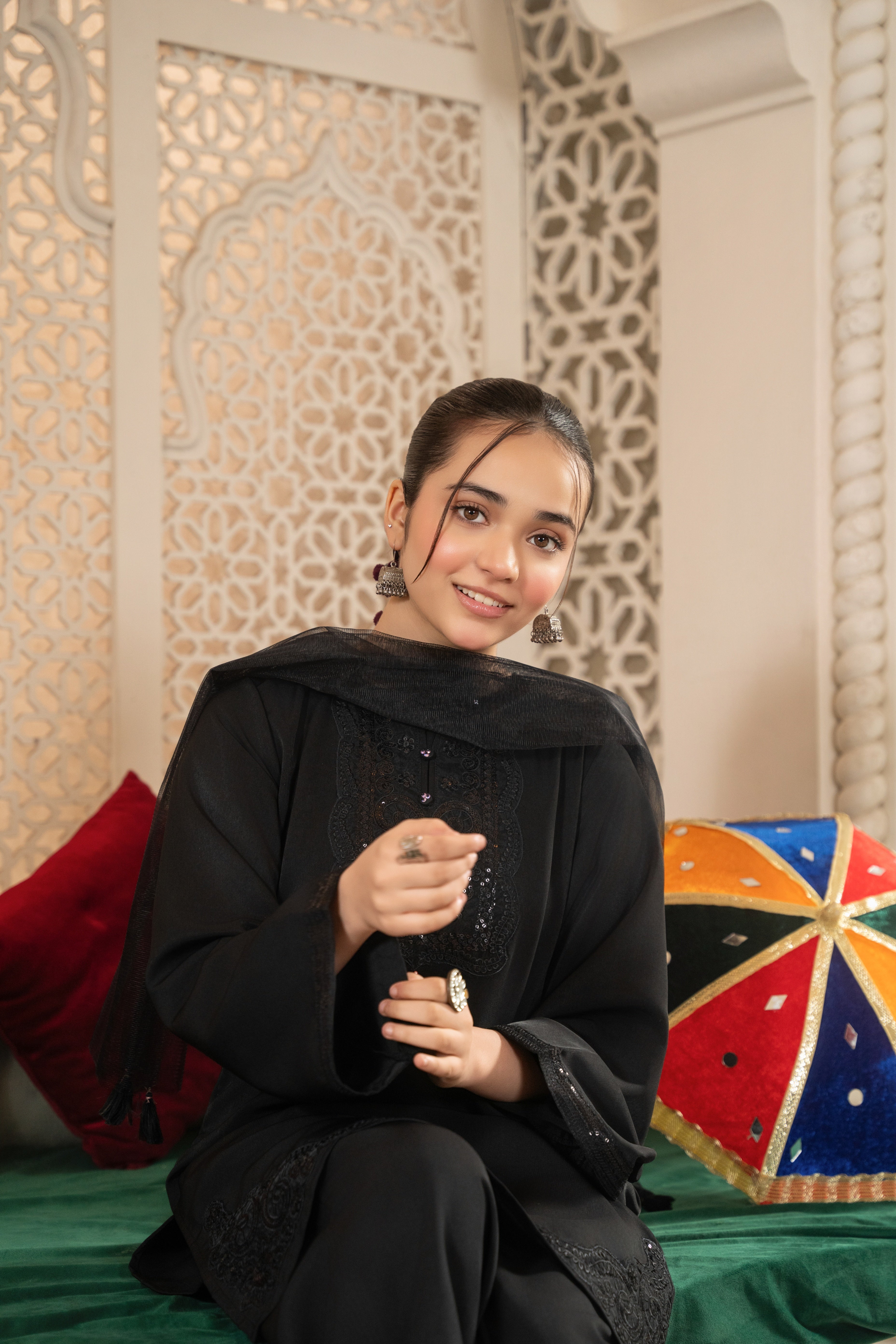 Girls' "Elegance in Bloom" Embroidered 100% Crepe Cotton 3-Piece Set – Midnight Black