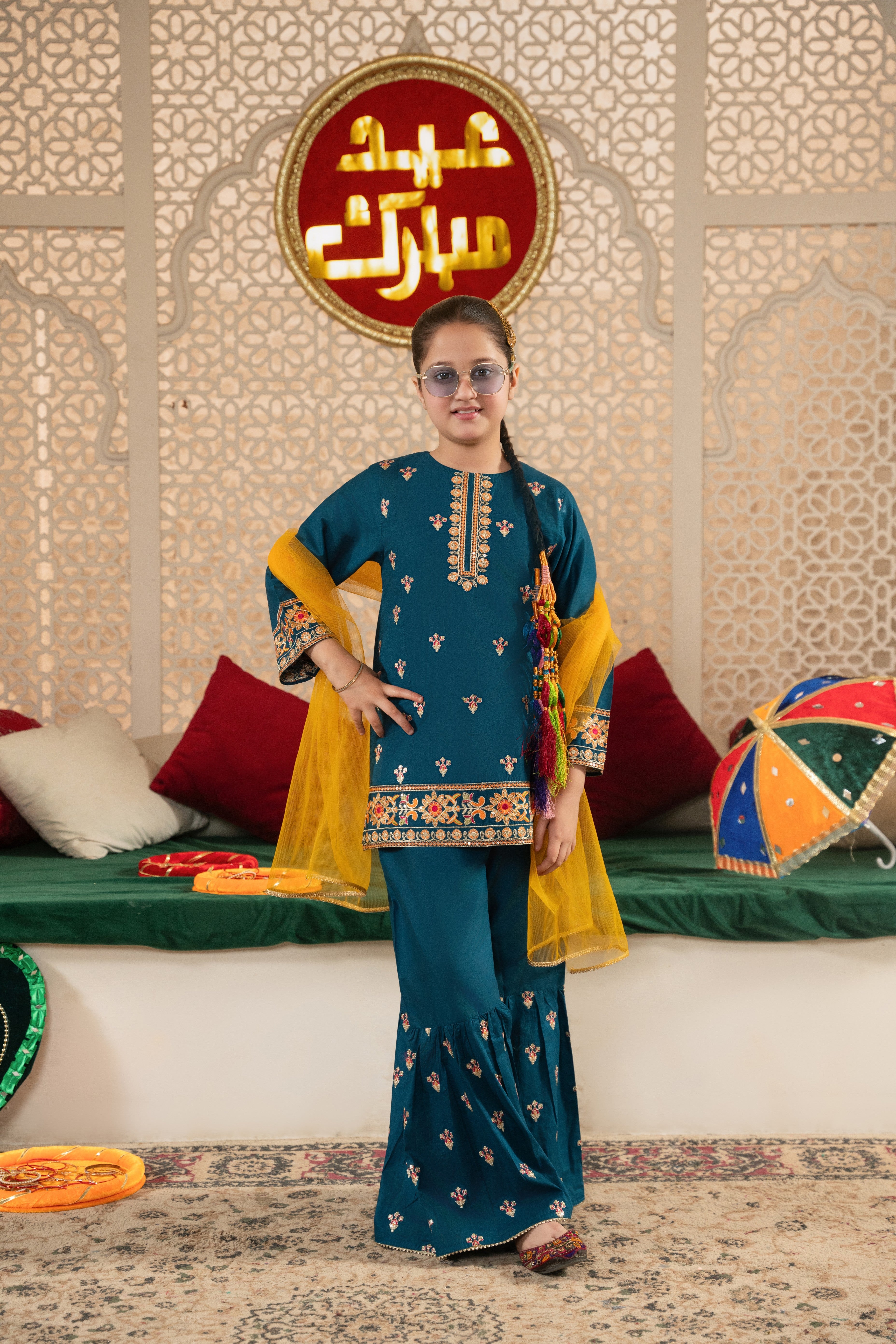 Girls Teal Embroidered Ethnic Suit with Net Dupatta – Festive & Party Wear