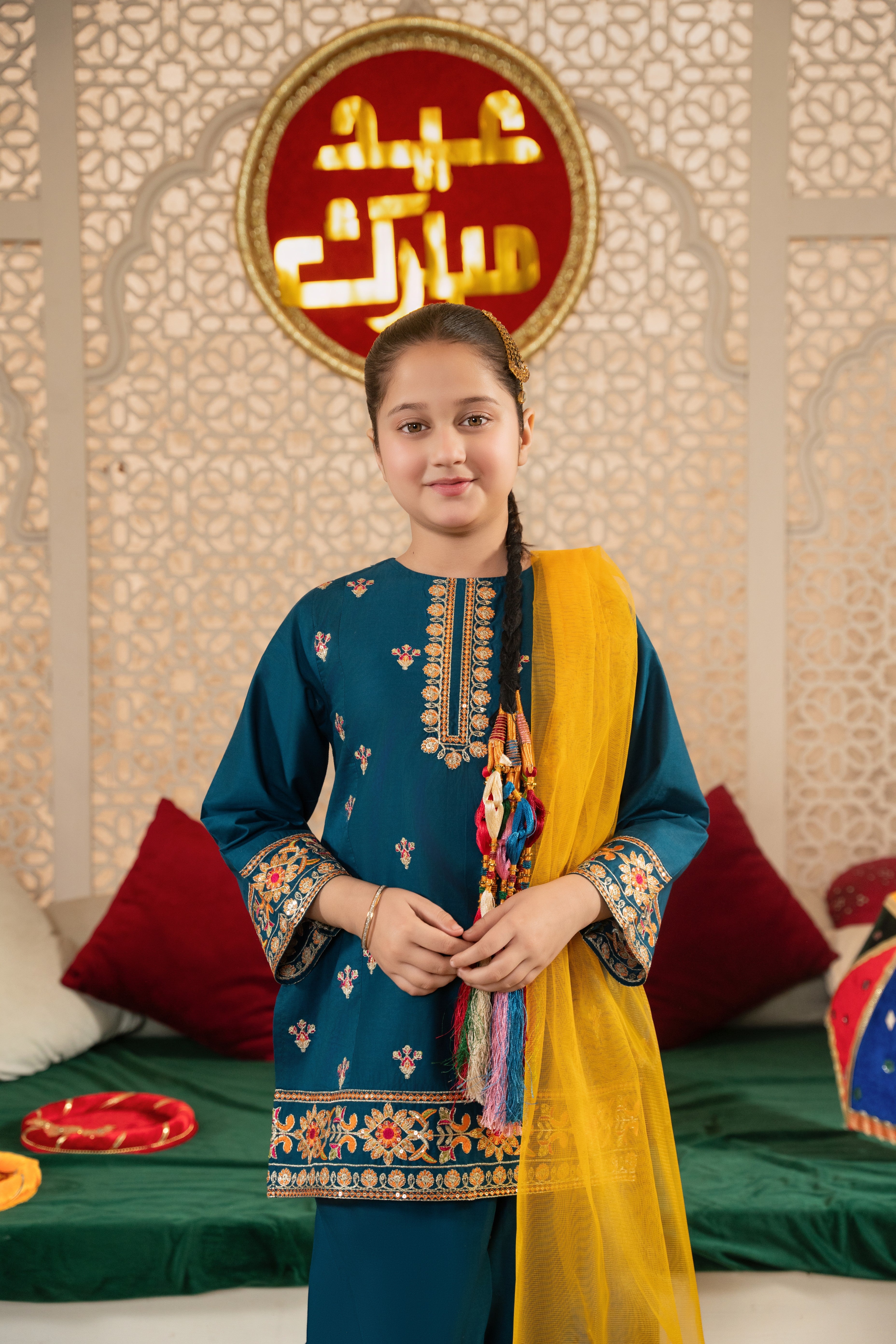 Girls Teal Embroidered Ethnic Suit with Net Dupatta – Festive & Party Wear