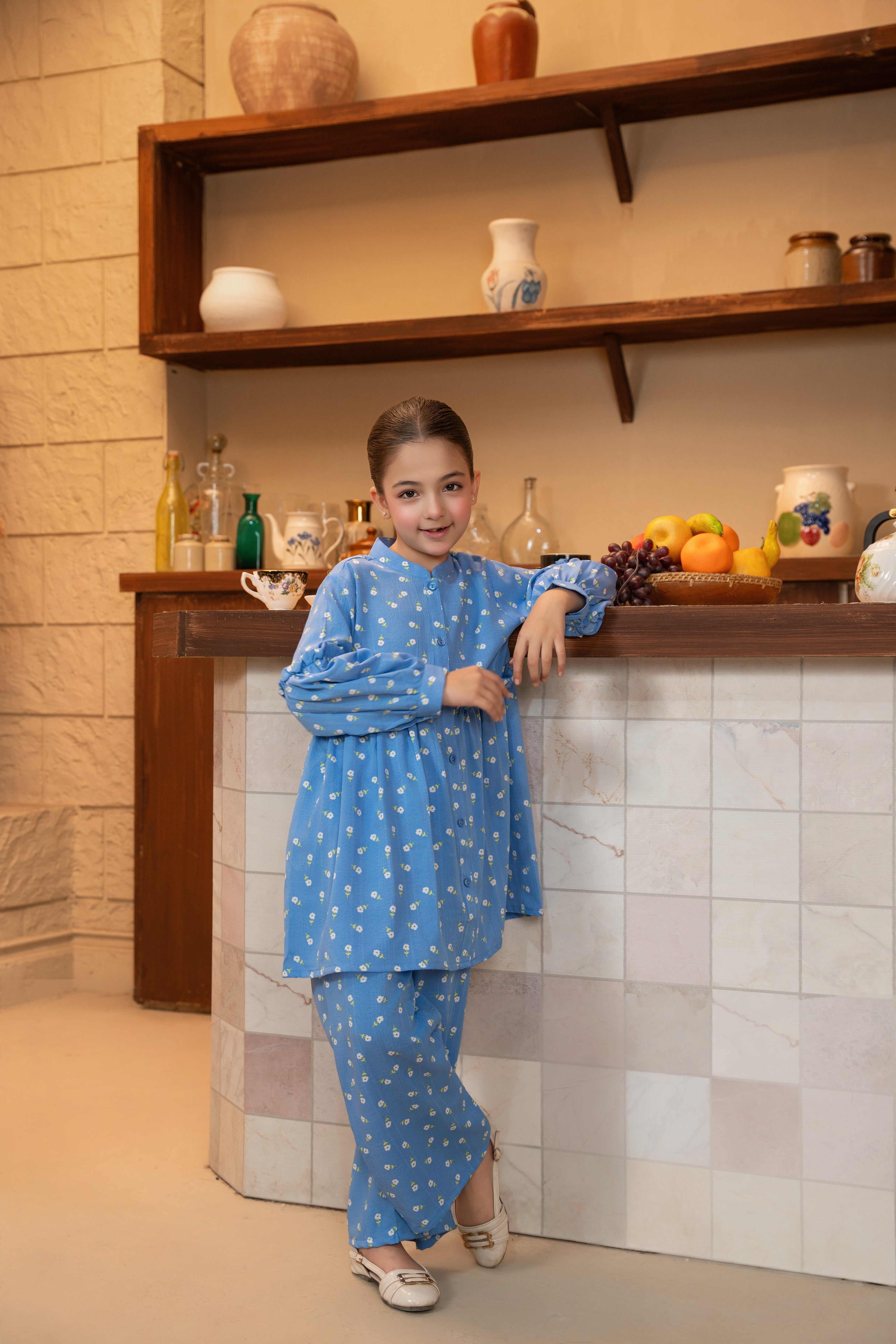 Girls Blue Printed Cotton Suit – 2 Piece top & bottom