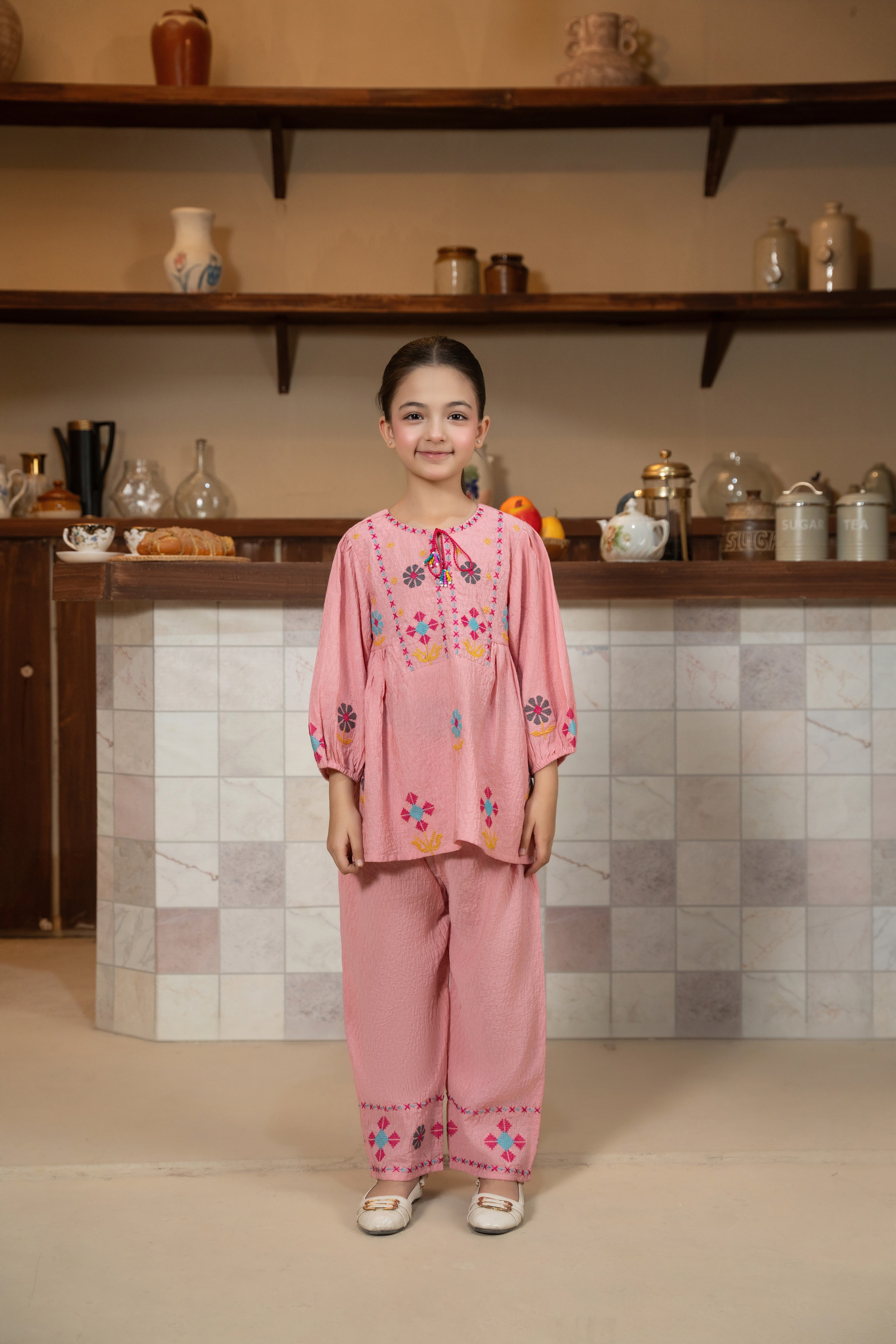 Pink Embroidered Kurta & Pant Set for Girls