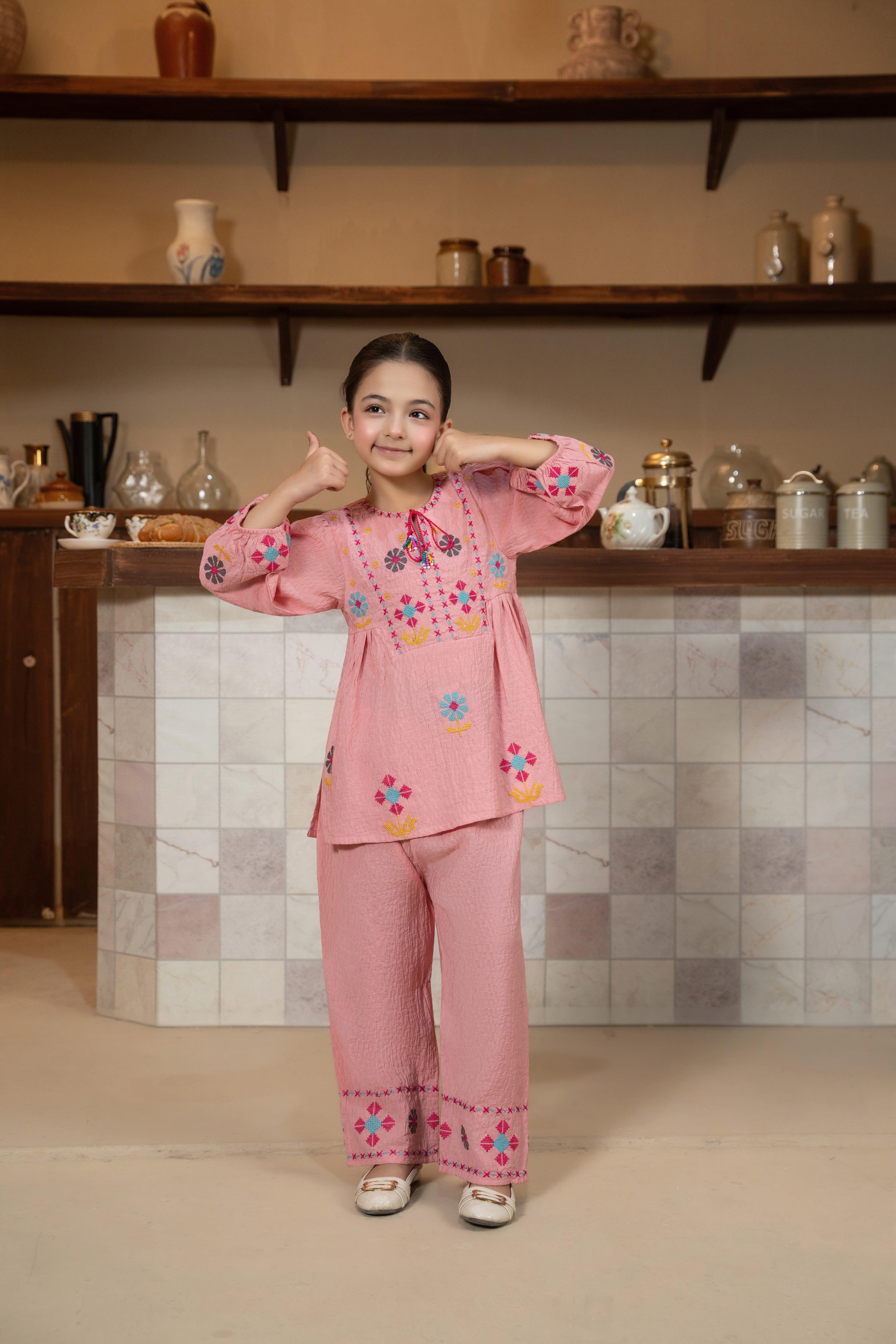 Pink Embroidered Kurta & Pant Set for Girls