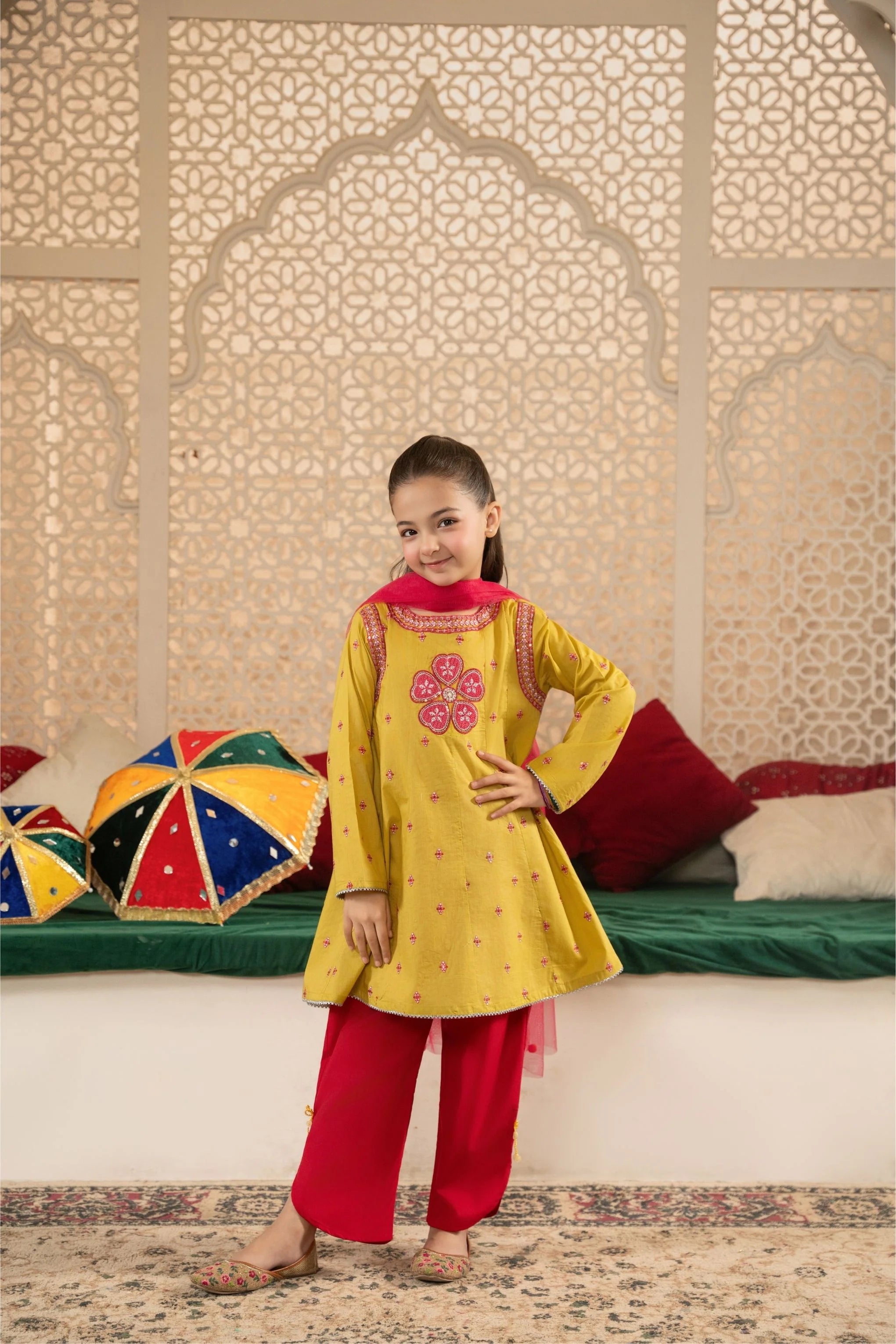 Mustard Yellow Embroidered Kurti with Maroon Salwar Set