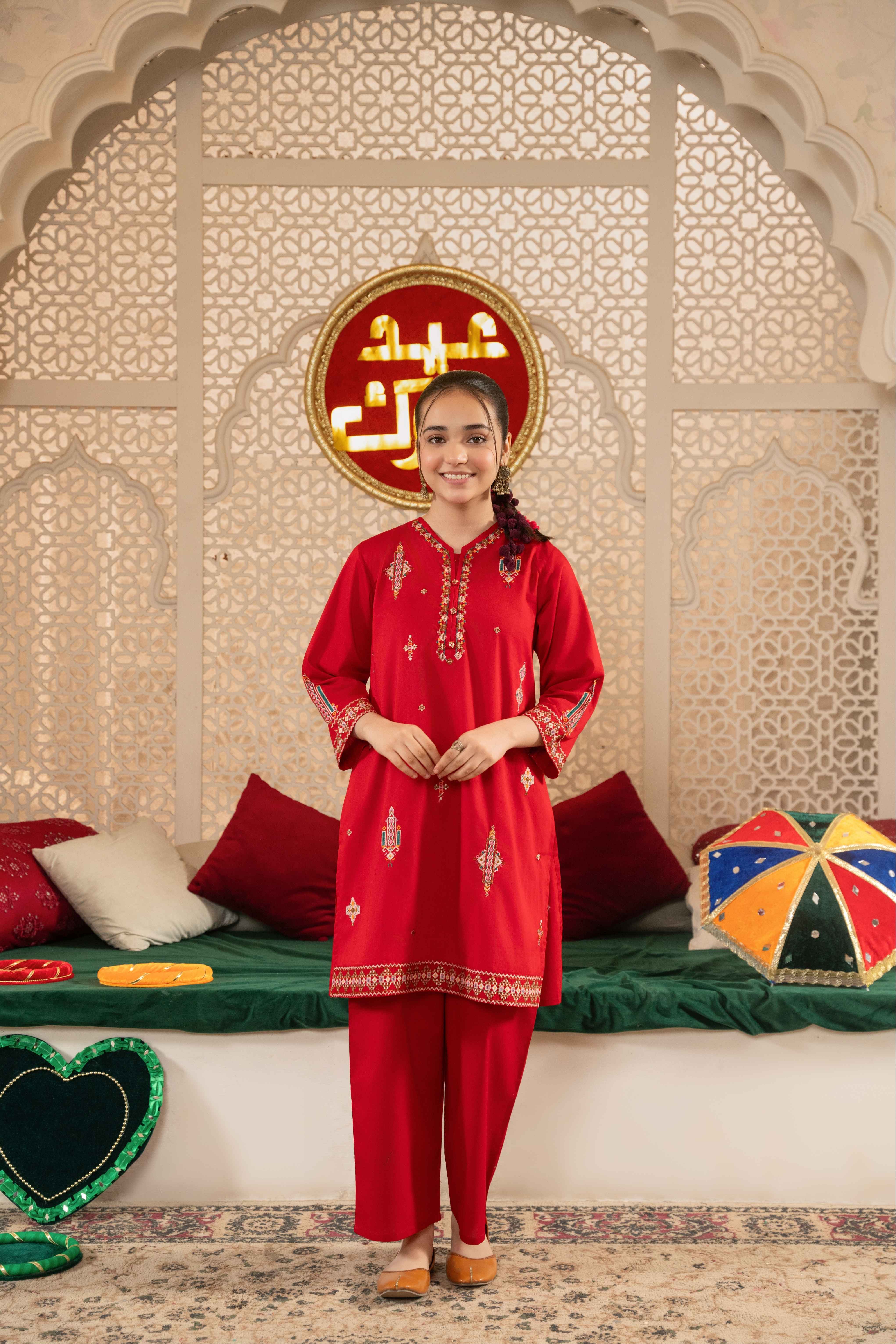 Crimson Charm: 100% Cotton 2-Piece Eastern Suit with Multihead Embroidery