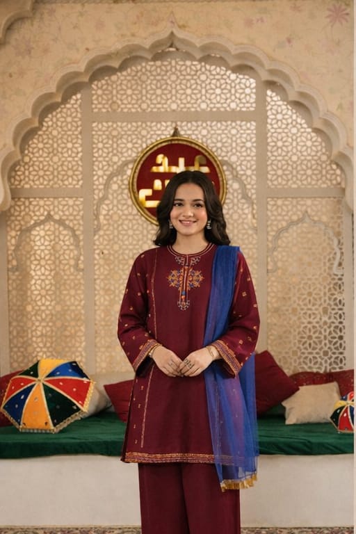 Girls Premium 3-Piece Embroidered Cotton Suit with Net Dupatta – Maroon Color