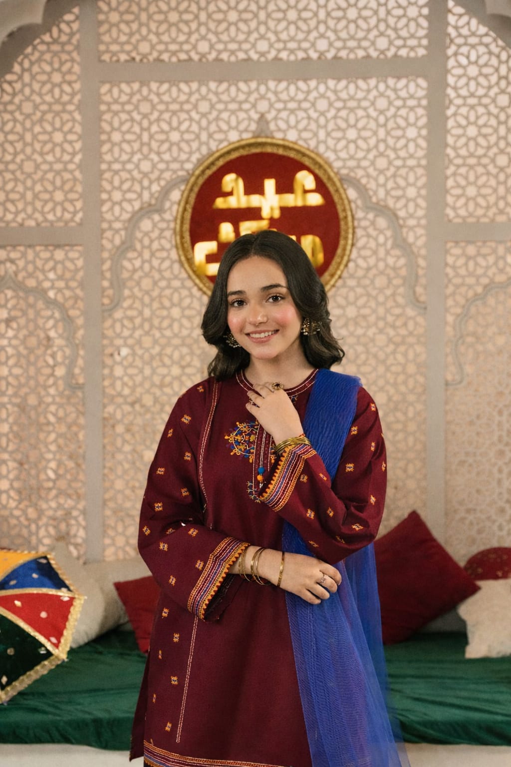 Girls Premium 3-Piece Embroidered Cotton Suit with Net Dupatta – Maroon Color