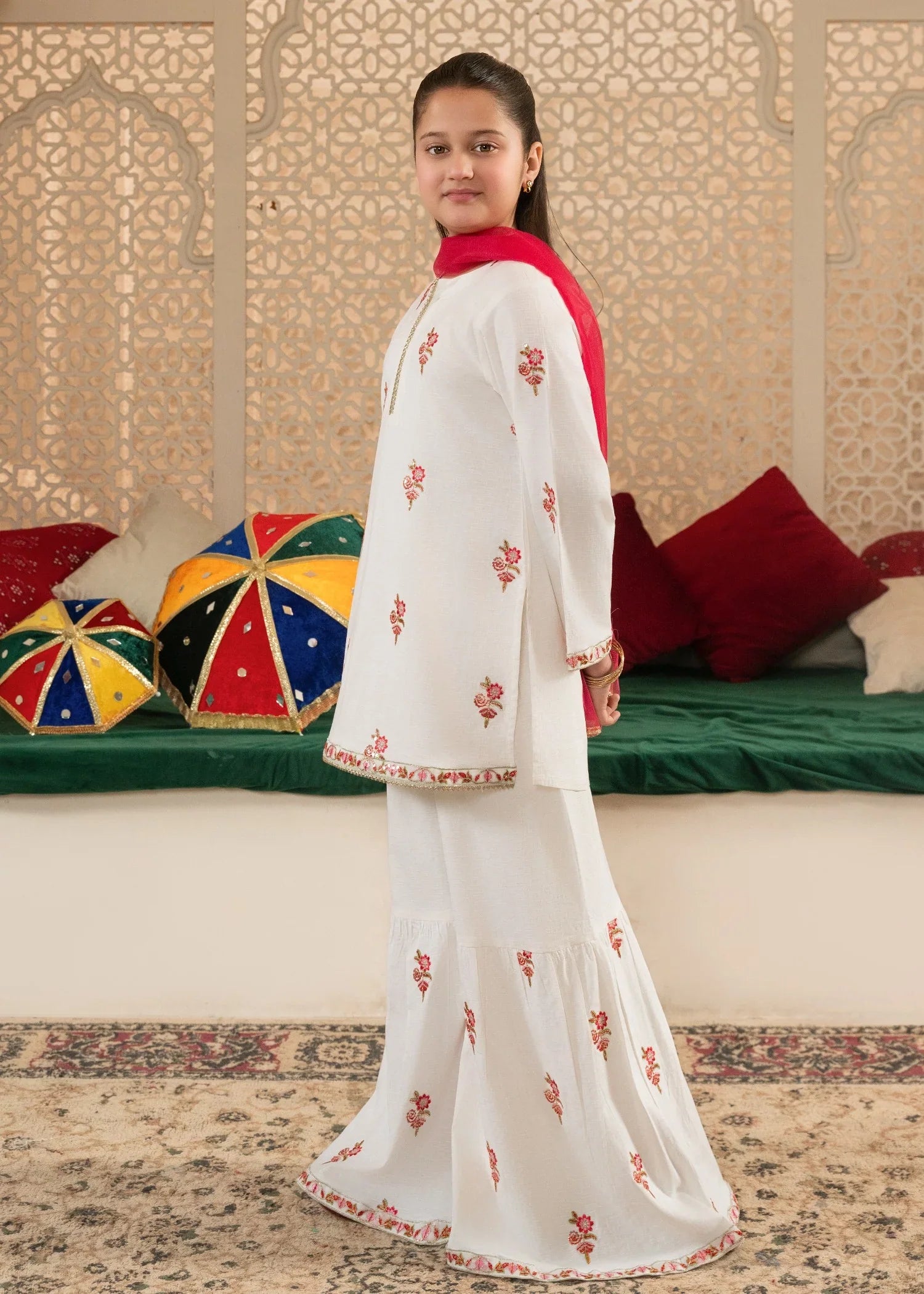 Radiant Rose: Girls' 100% Cotton 3-Piece Eastern Suit with Multihead Embroidery