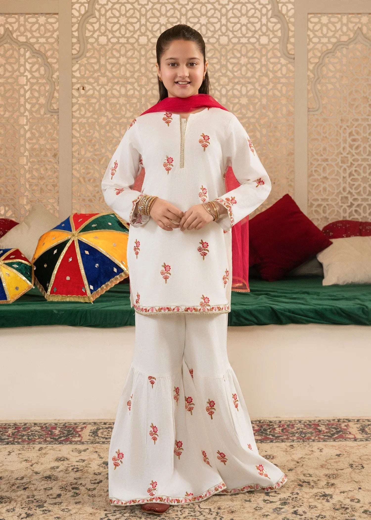 Radiant Rose: Girls' 100% Cotton 3-Piece Eastern Suit with Multihead Embroidery