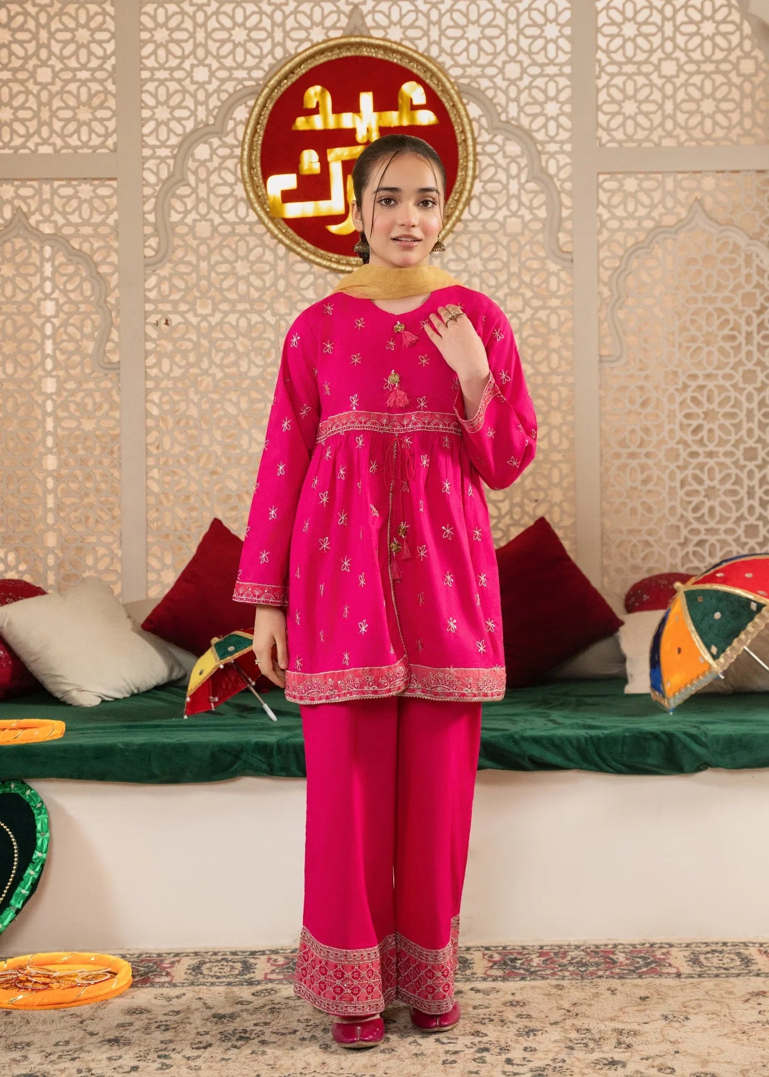 Elegant Ivory: Girls' 100% Cotton 3-Piece Multihead Embroiderd