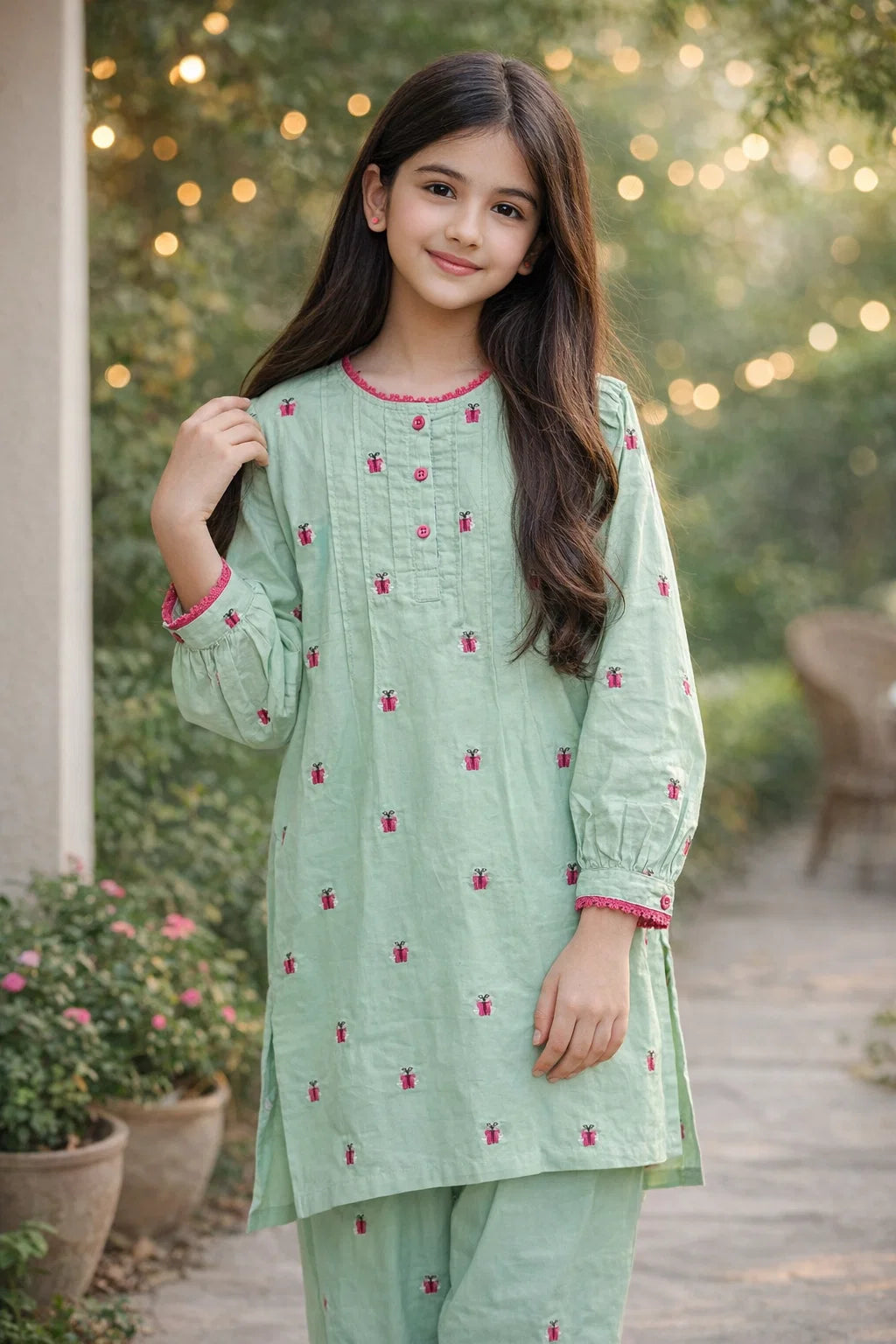 Girls Cotton Butterfly Embroidered Suit – 2 Piece Kurti & Trouser Set