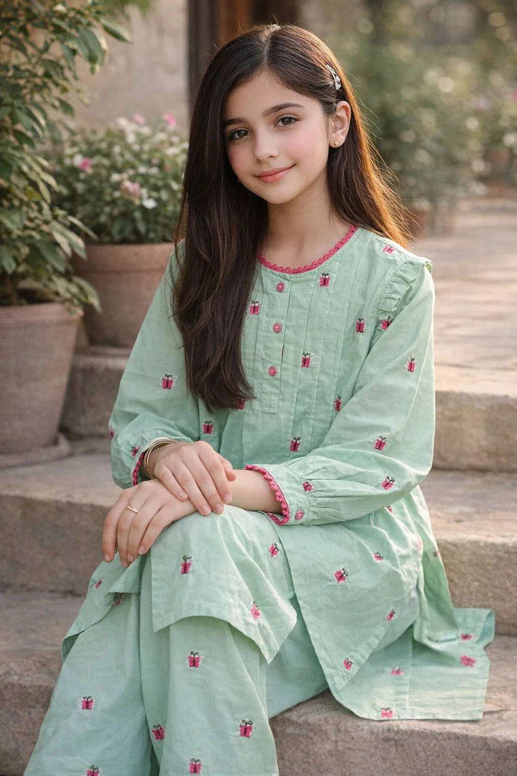 Girls Cotton Butterfly Embroidered Suit – 2 Piece Kurti & Trouser Set